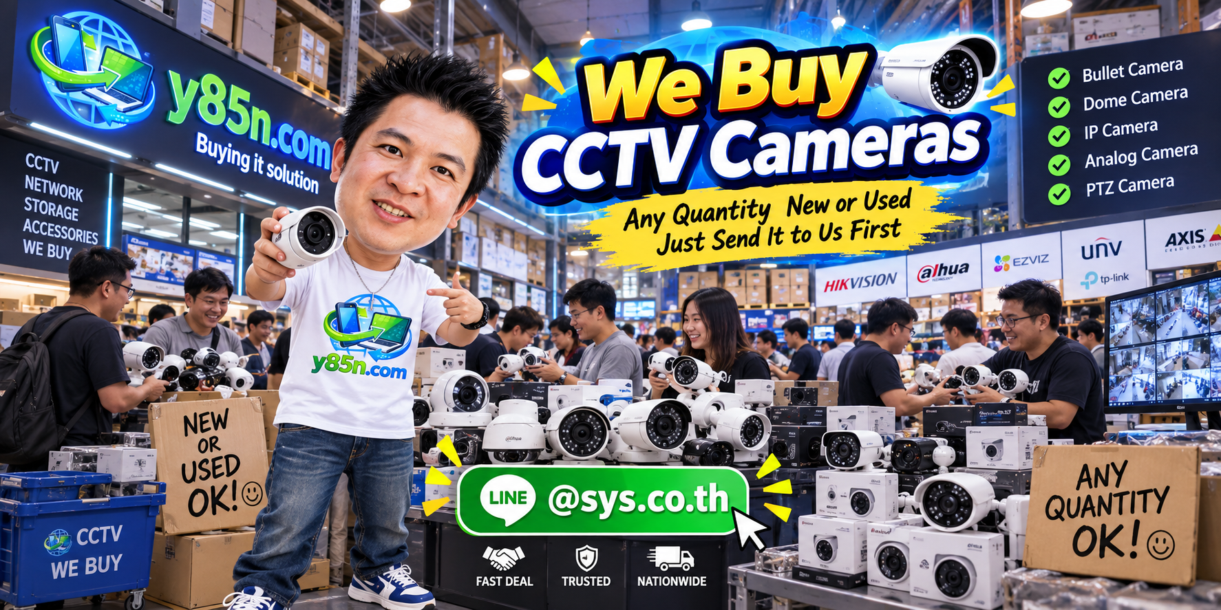 Y85N.com team and customers at a busy CCTV camera buying warehouse in Thailand