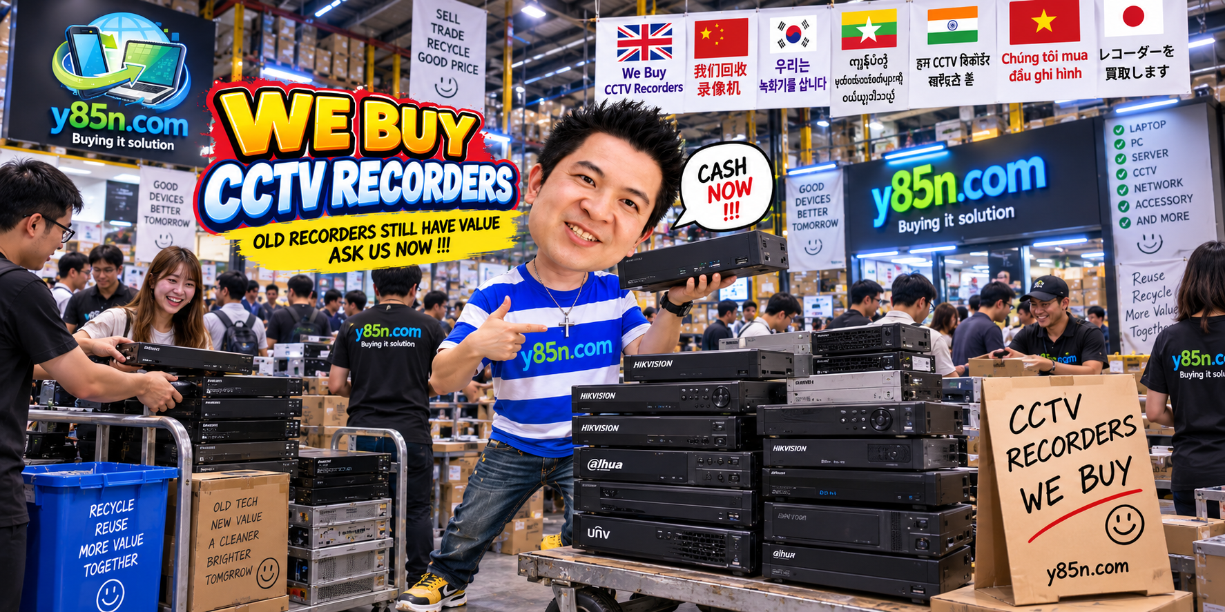 Busy Y85N.com warehouse buying used CCTV recorders in Thailand