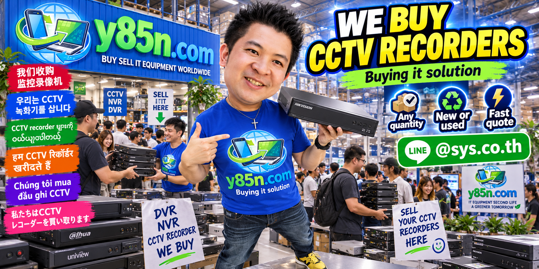 Y85N.com team and customers at a busy CCTV recorder buying warehouse