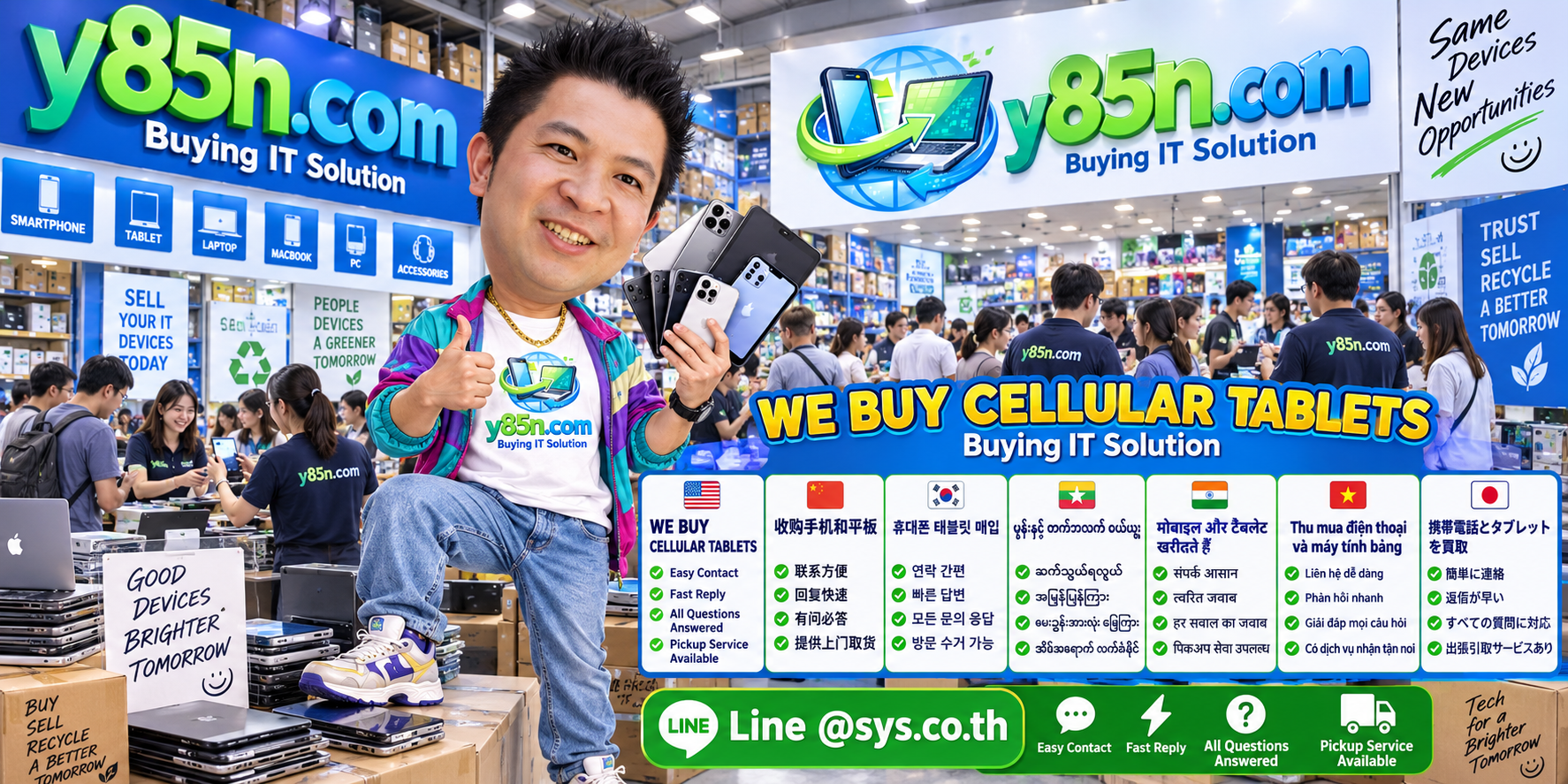 Y85N.com cellular tablet buying contact banner with LINE at sys.co.th