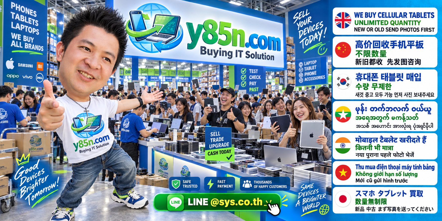 Y85N.com team and customers at a busy cellular tablet and IT equipment buying warehouse