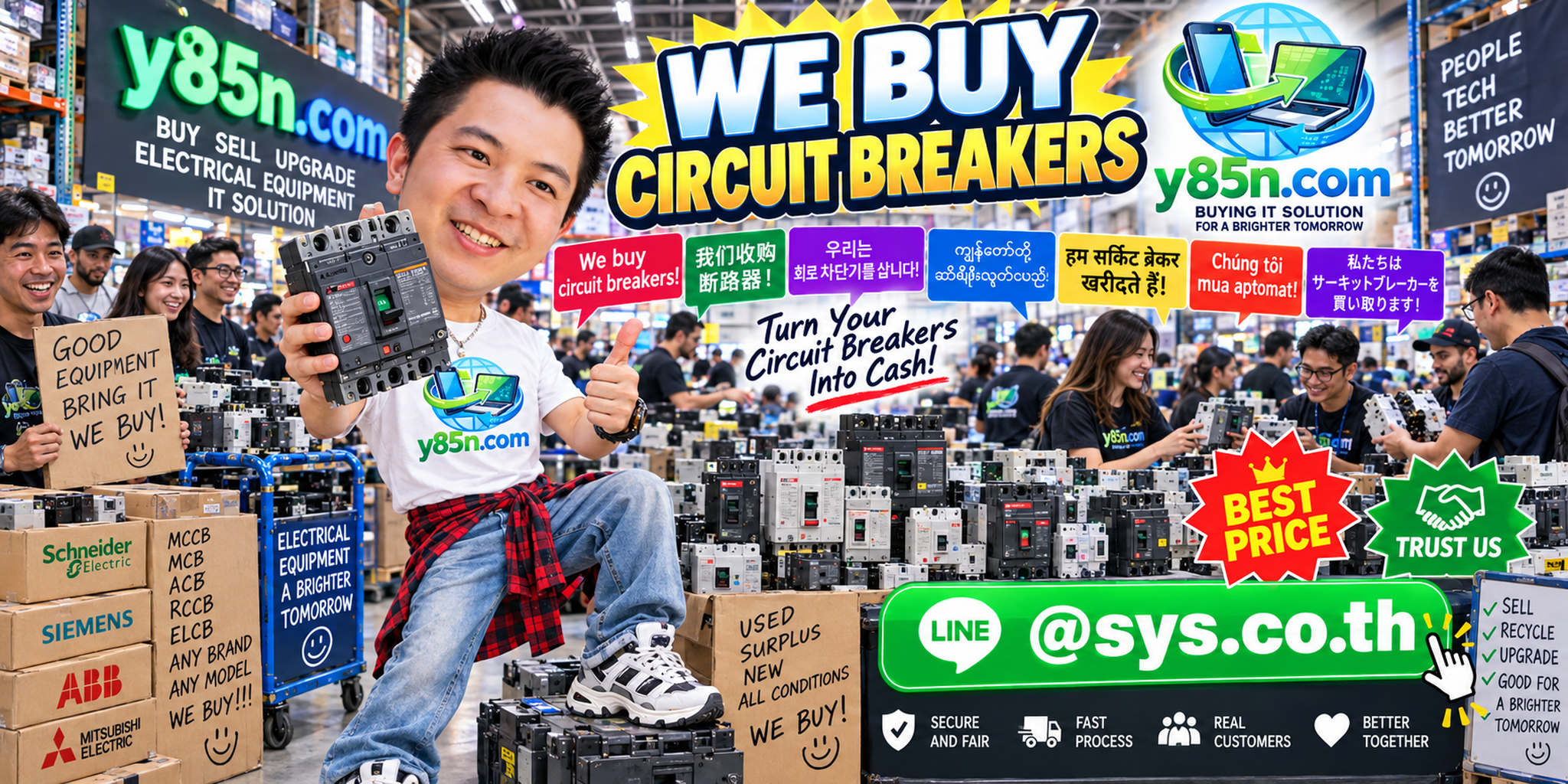 Y85N.com warehouse buying used circuit breakers with international seller support in Thailand
