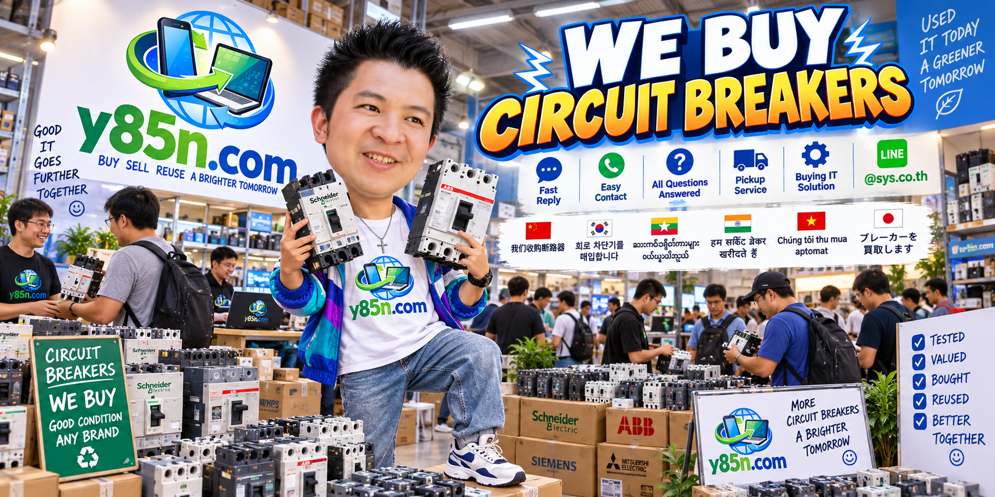 Y85N.com circuit breaker buying service contact banner with LINE at sys.co.th