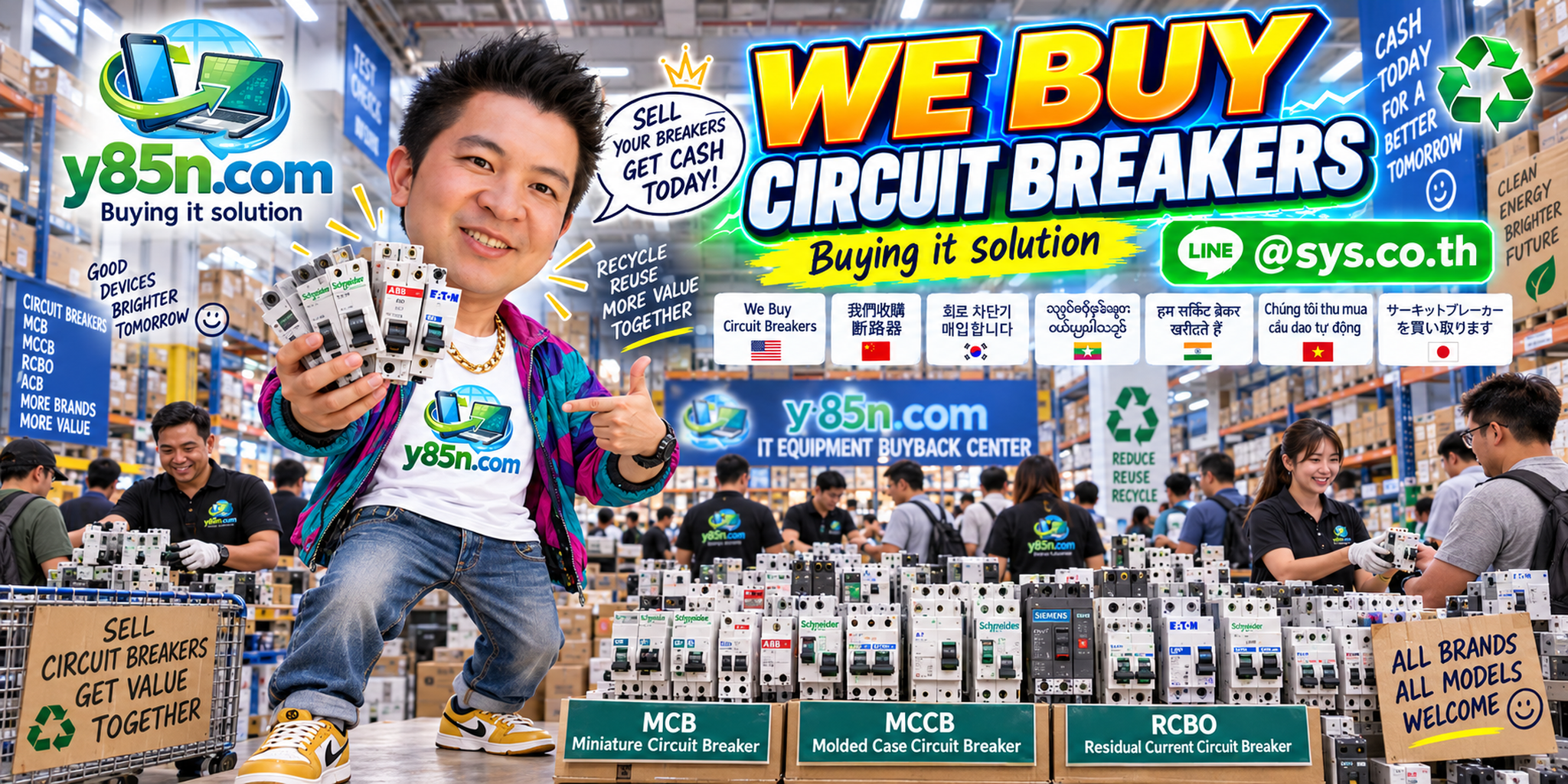 Busy Y85N.com warehouse showing a professional circuit breaker buying service in Thailand