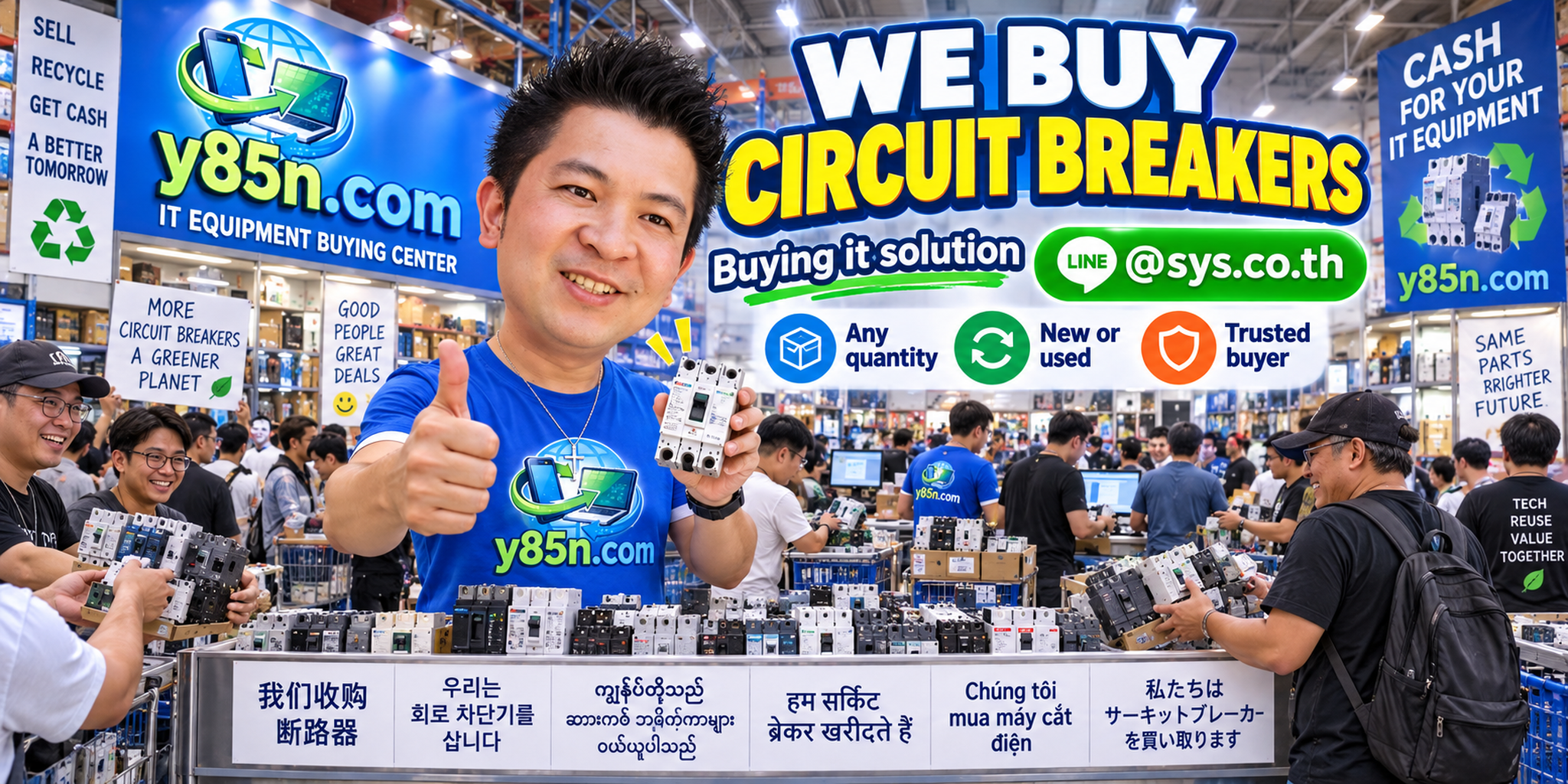 Y85N.com team and customers at a busy circuit breaker and industrial equipment buying warehouse