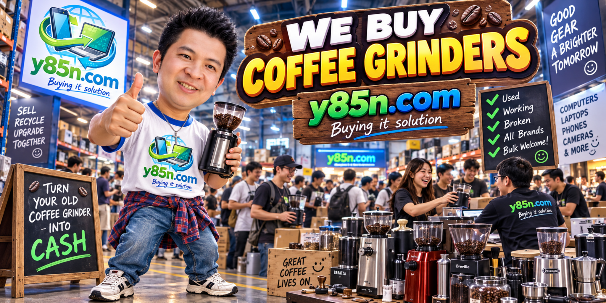 Busy Y85N.com warehouse buying coffee grinders in Thailand