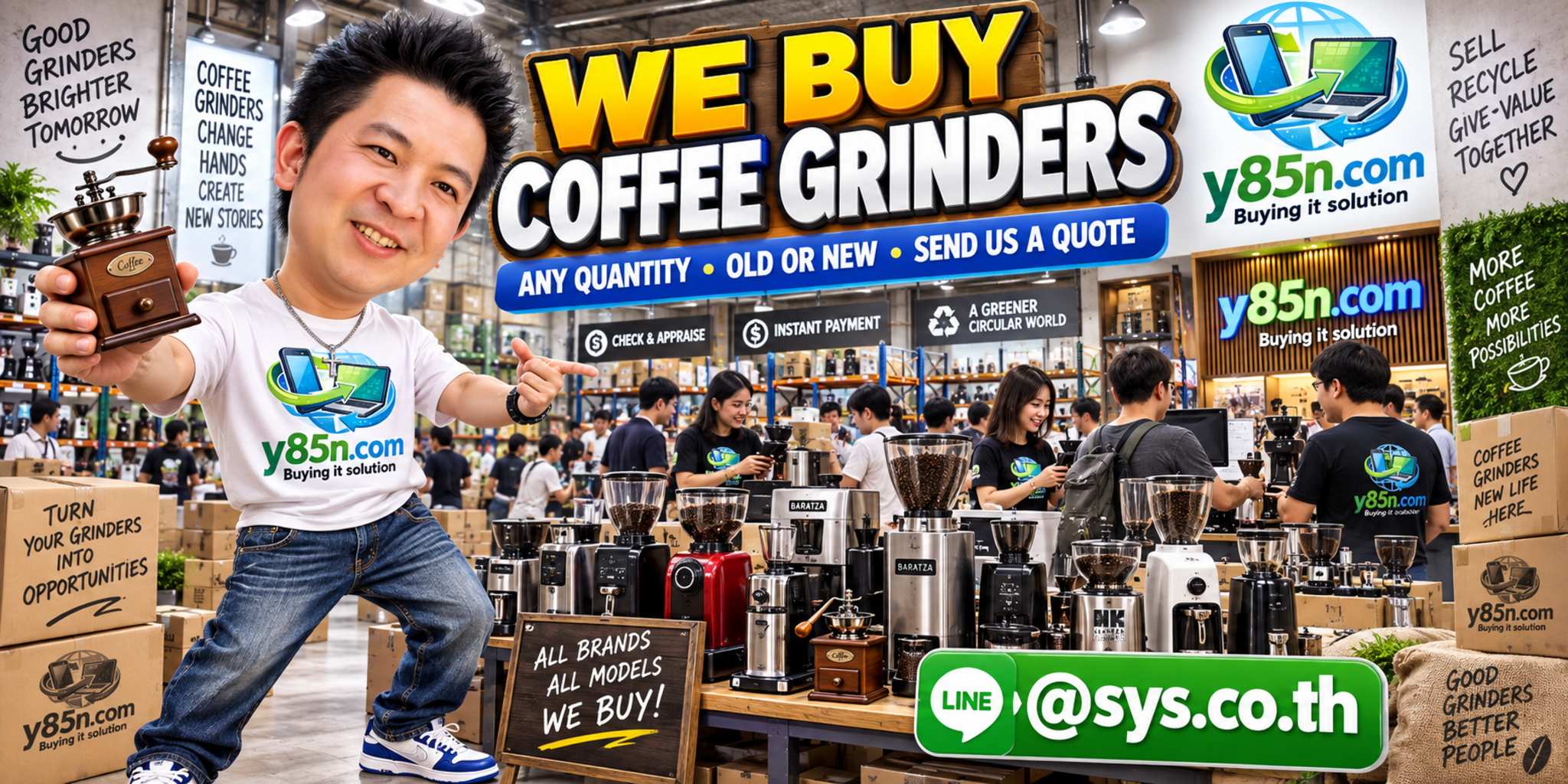 Customers bringing coffee grinders to a busy Y85N.com warehouse
