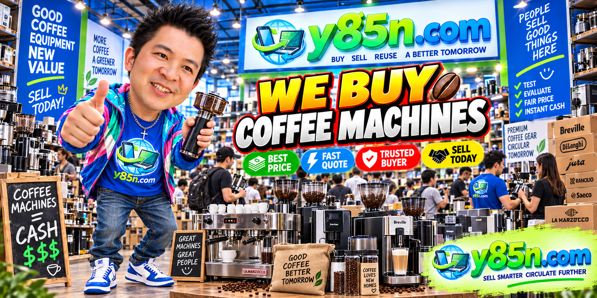Y85N.com warehouse buying used coffee machines with international seller service