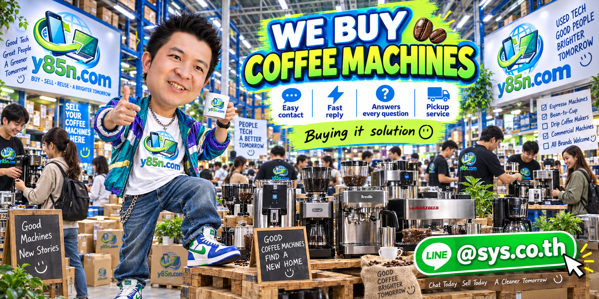 Y85N.com coffee machine buying contact banner with LINE at sys.co.th