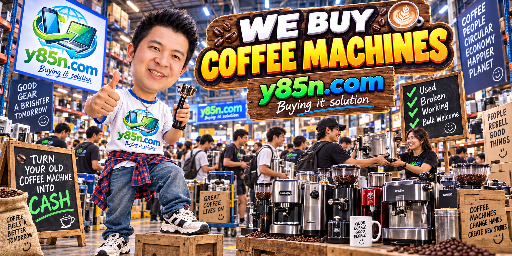 Busy Y85N.com coffee machine buying warehouse in Thailand