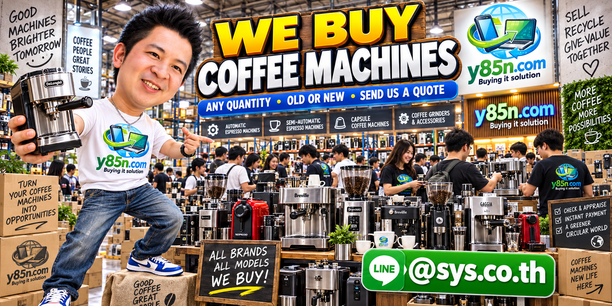 Y85N.com team and customers at a busy coffee machine buying warehouse