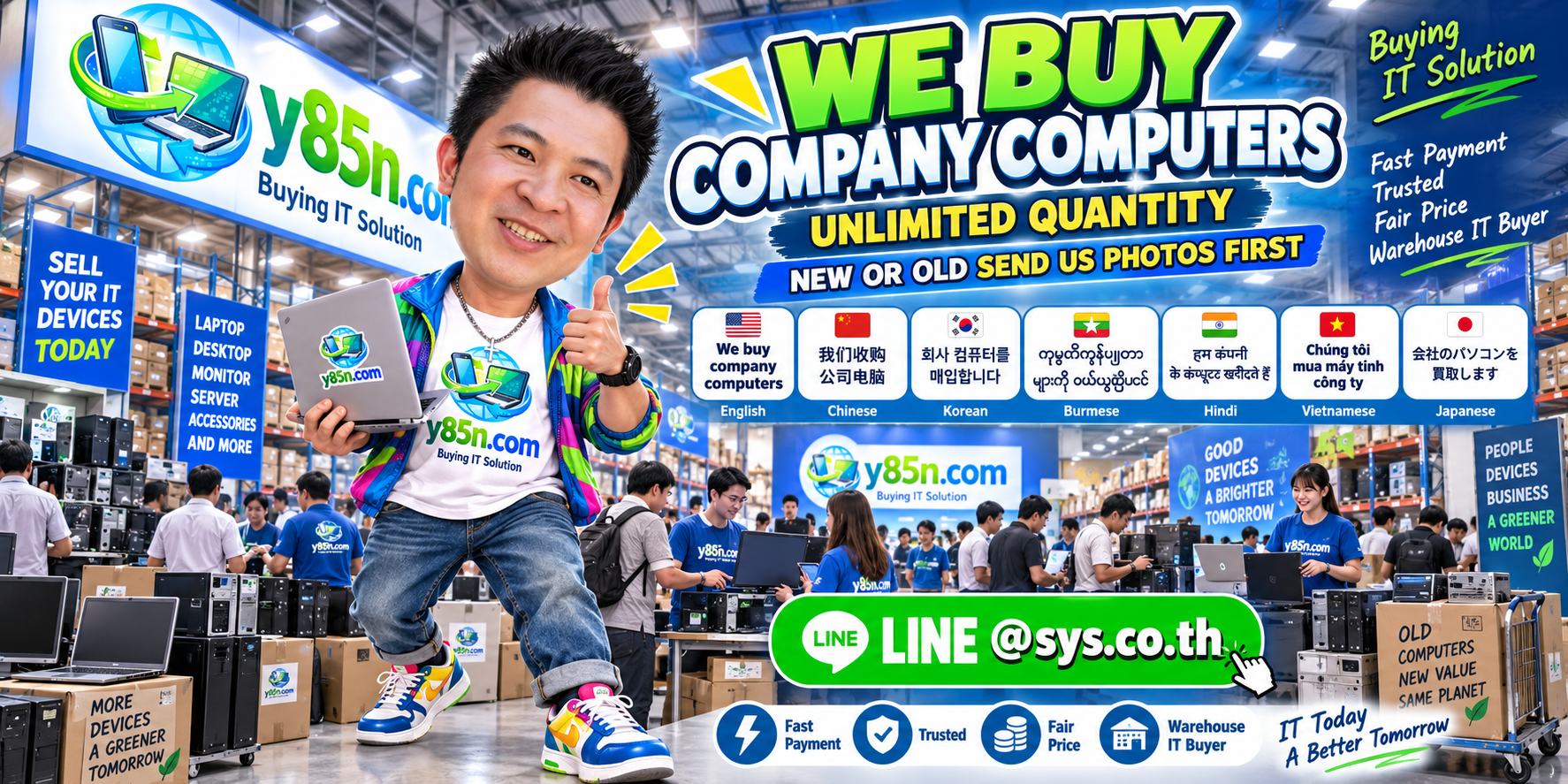 Y85N team and customers at a busy company computer buying warehouse in Thailand