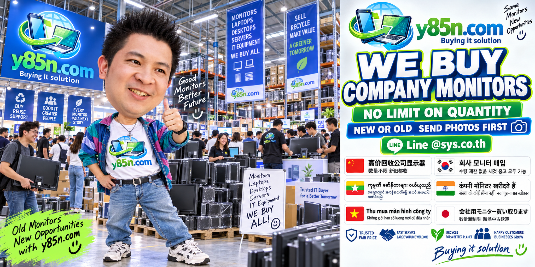 Y85N.com team receiving bulk company monitors at a busy IT warehouse in Thailand