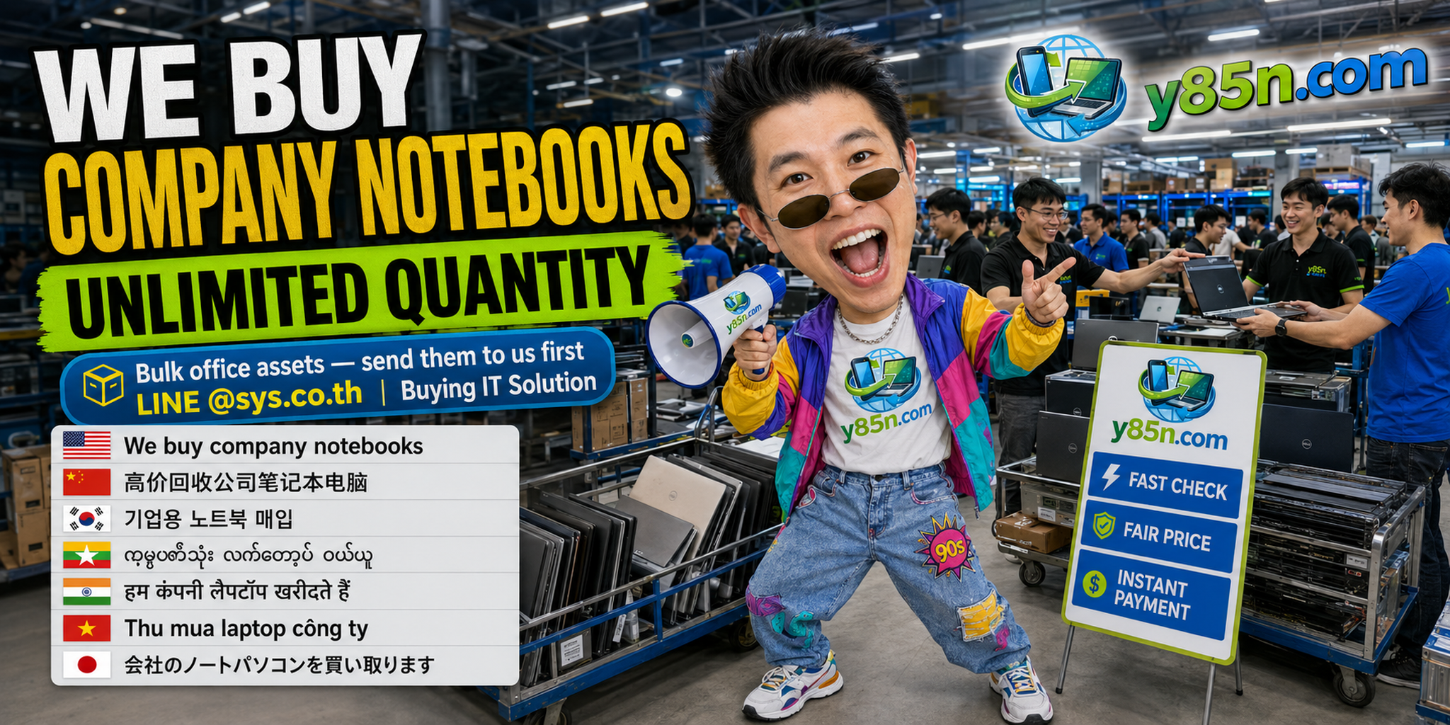 Y85N.com warehouse buying used company notebooks with international seller messaging