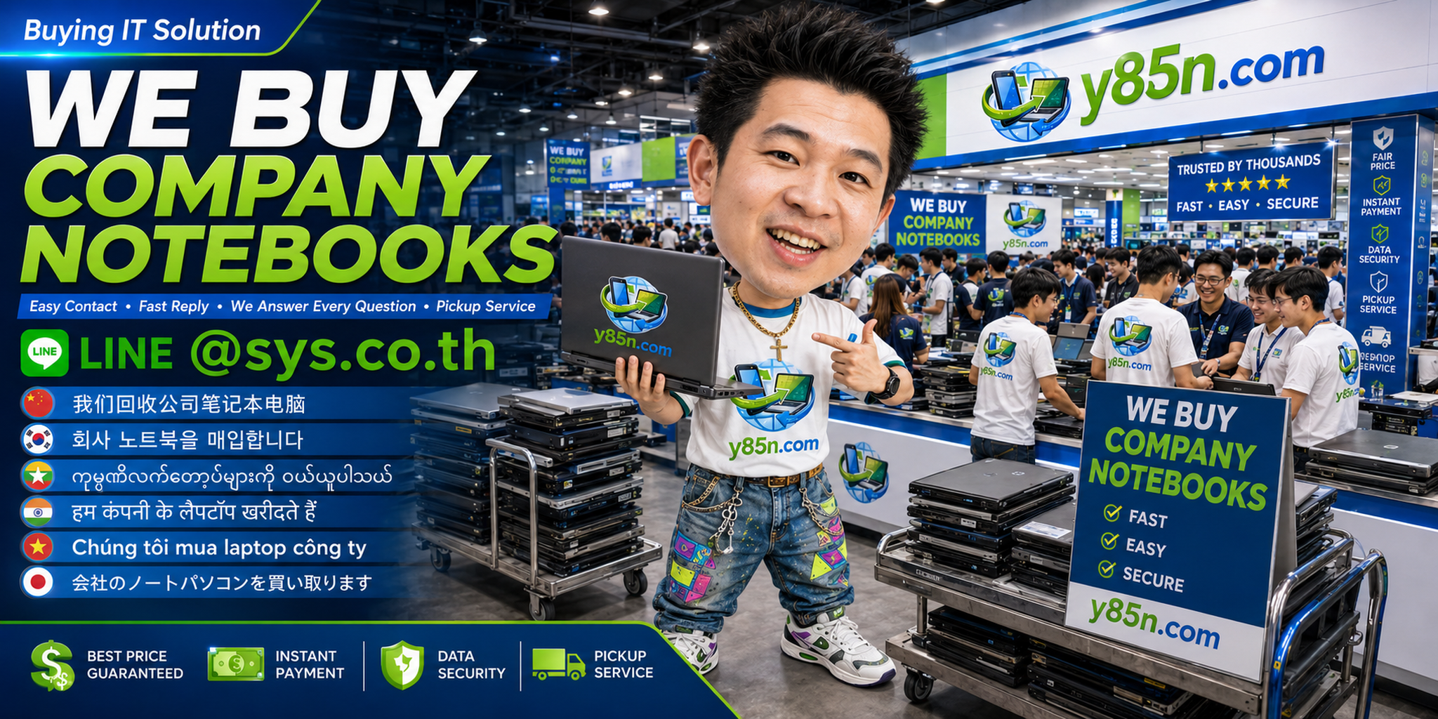 Y85N.com company notebook buying contact banner with LINE at sys.co.th