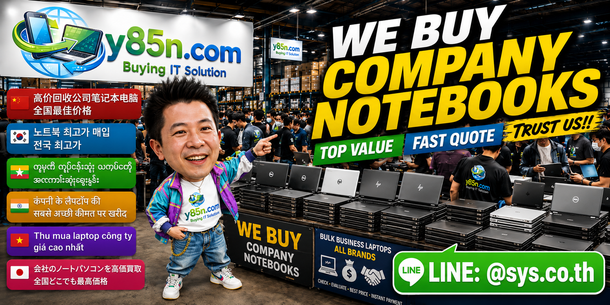 Busy Y85N.com warehouse showing company notebook buying service in Thailand