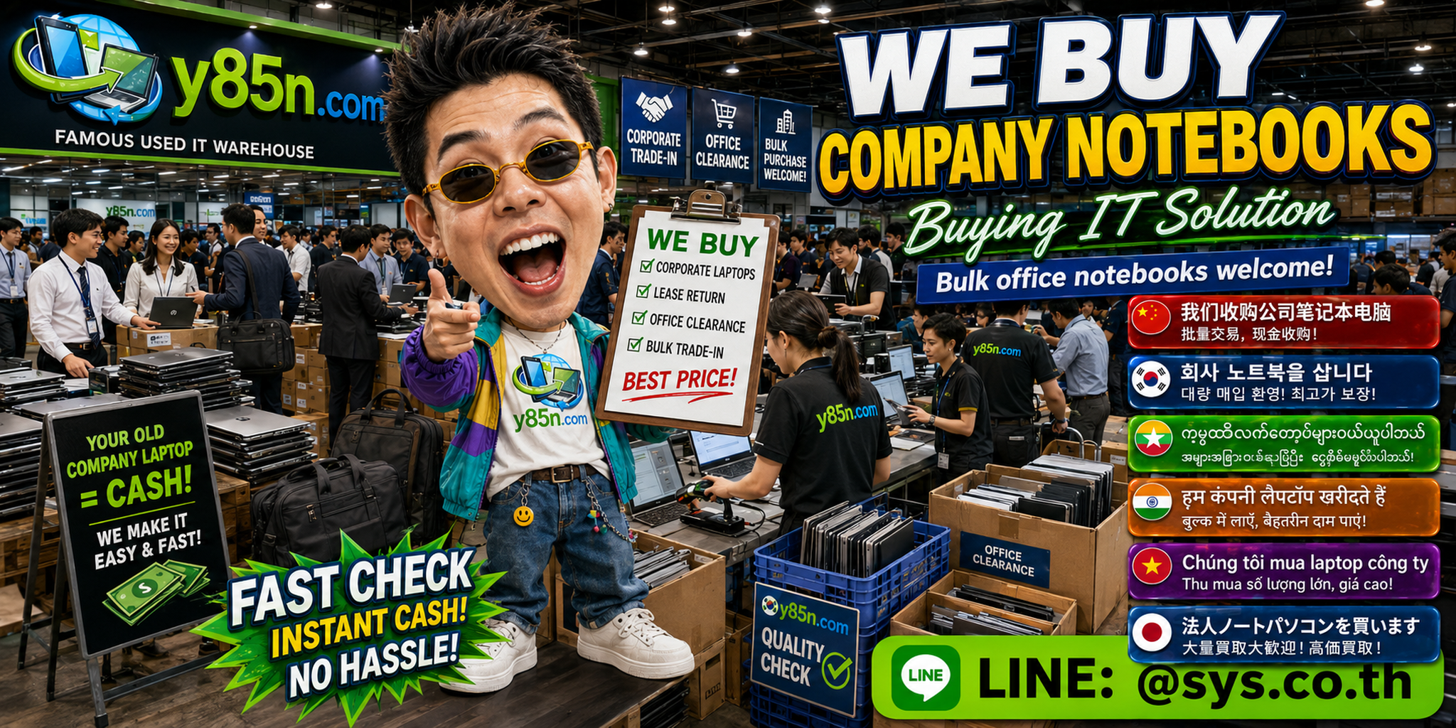 Y85N.com team and customers at a busy company notebook buying warehouse