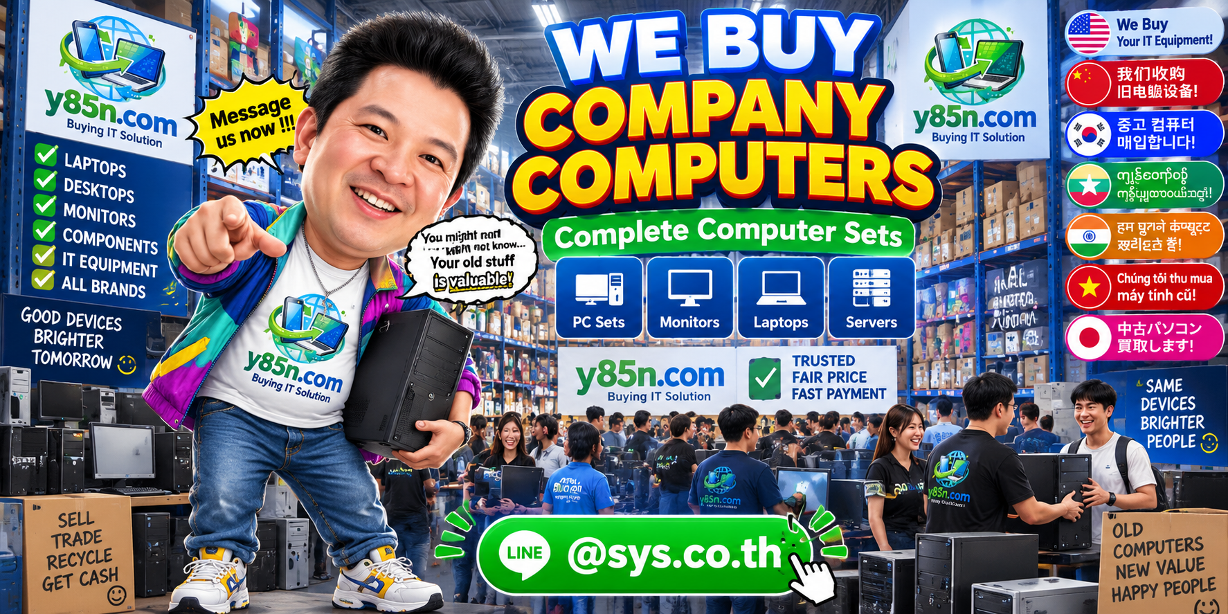 Y85N complete computer set buying hero image in a busy IT warehouse