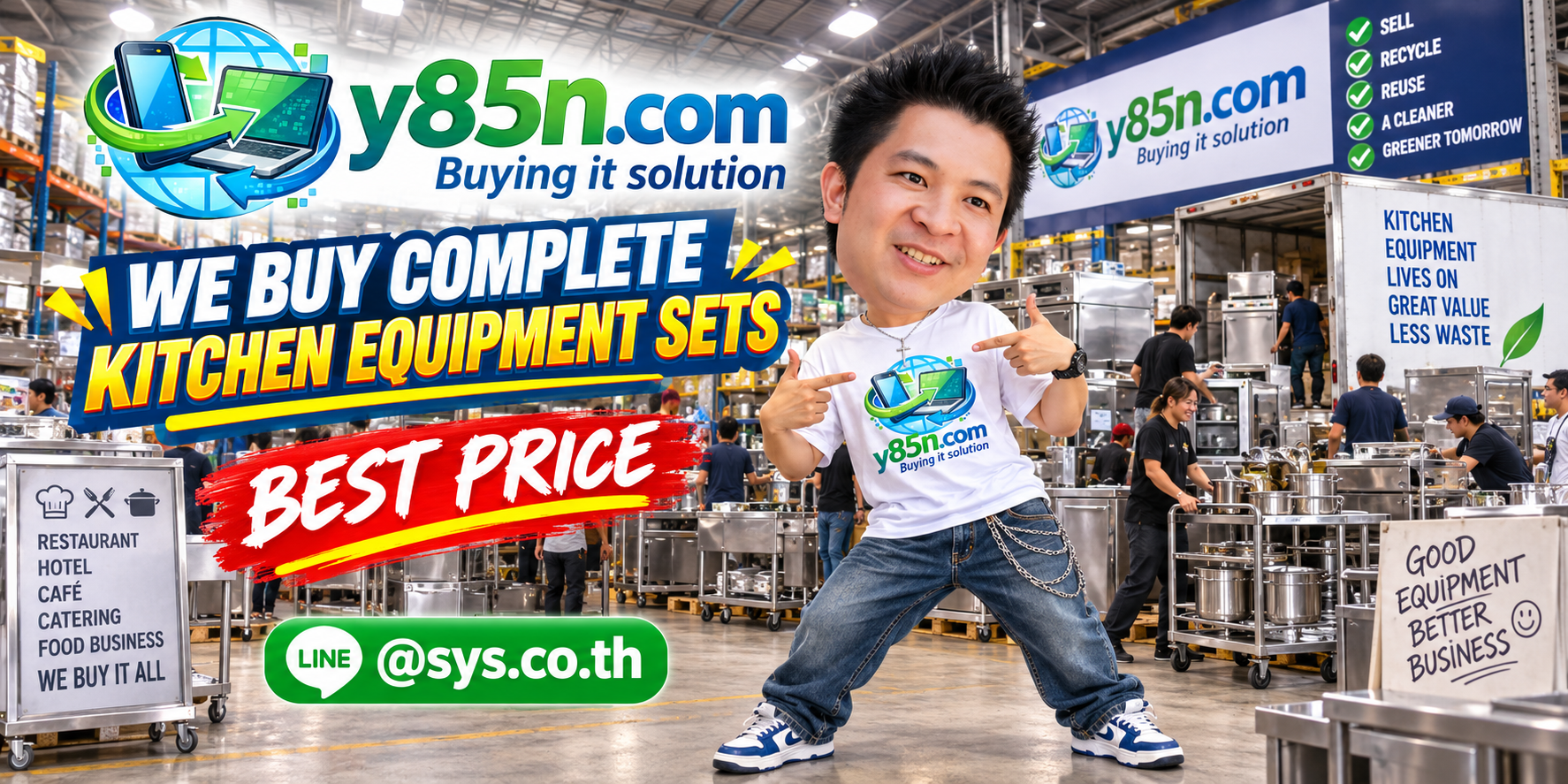 Y85N.com warehouse buying complete kitchen equipment sets from restaurant and hotel sellers in Thailand