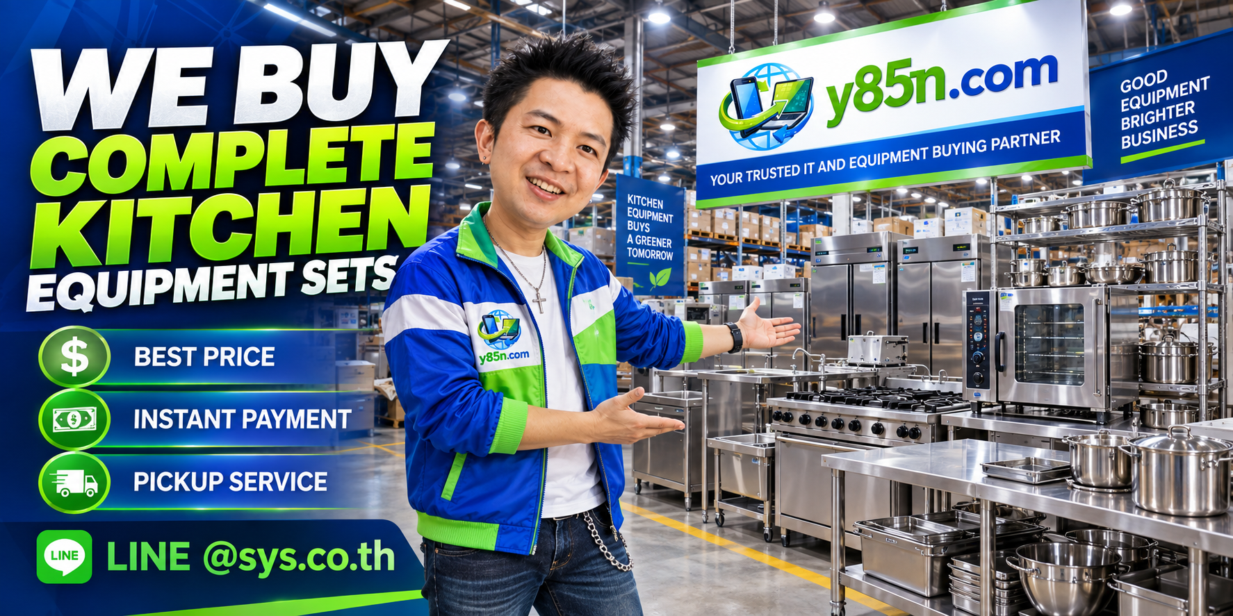Y85N.com complete kitchen equipment buying contact banner with LINE at sys.co.th