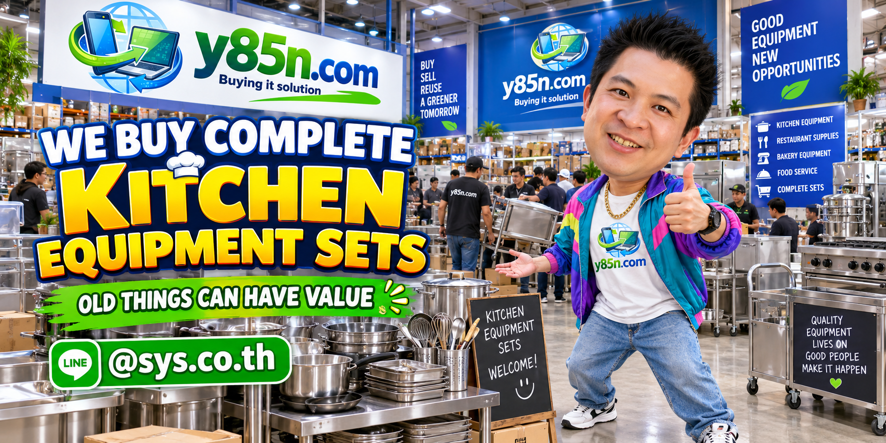 Busy Y85N.com warehouse buying complete commercial kitchen equipment sets in Thailand