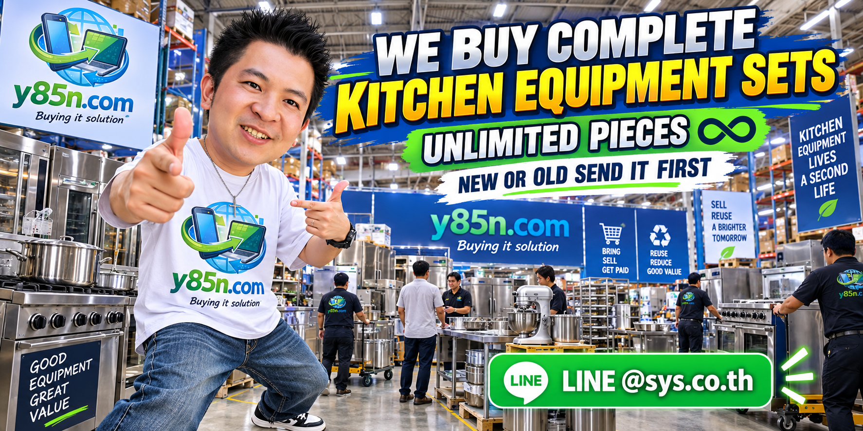 Y85N.com busy warehouse buying complete commercial kitchen equipment and restaurant equipment in Thailand