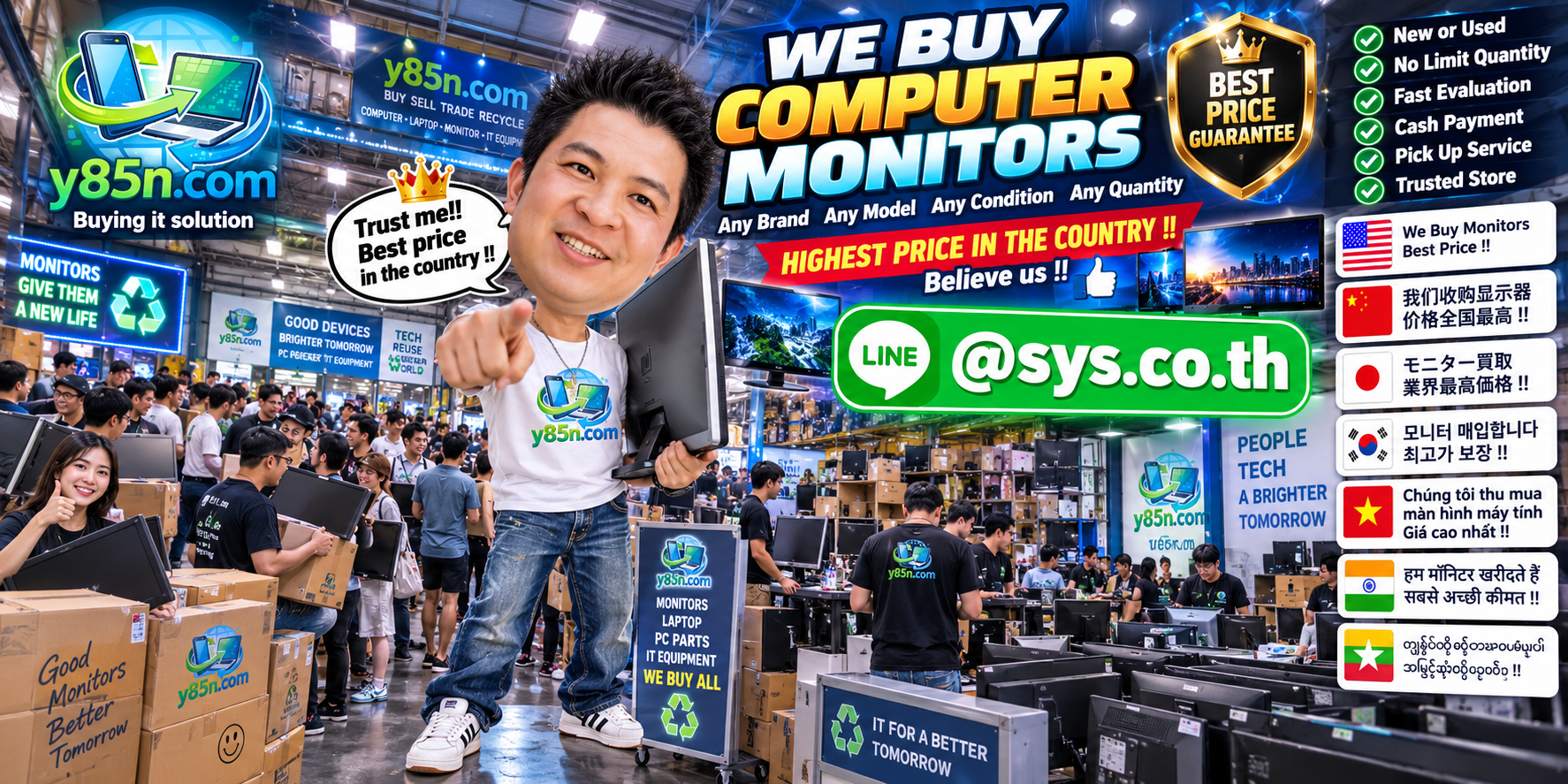 Y85N.com warehouse buying used computer monitors with international seller messaging