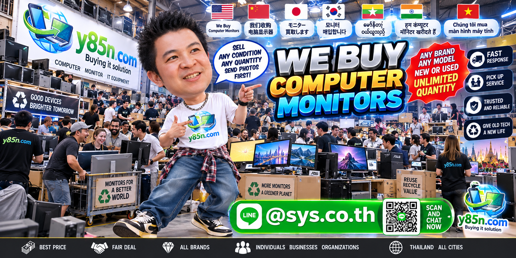Y85N.com team and customers at a busy computer and computer monitors buying warehouse