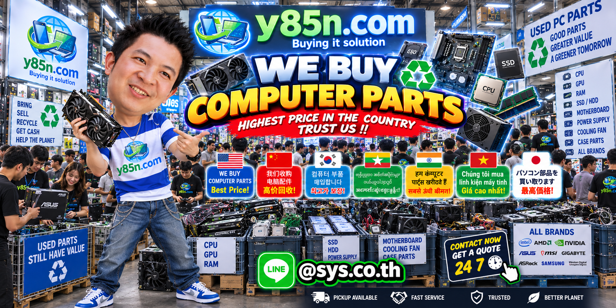 Y85N.com warehouse buying used computer parts with international seller support