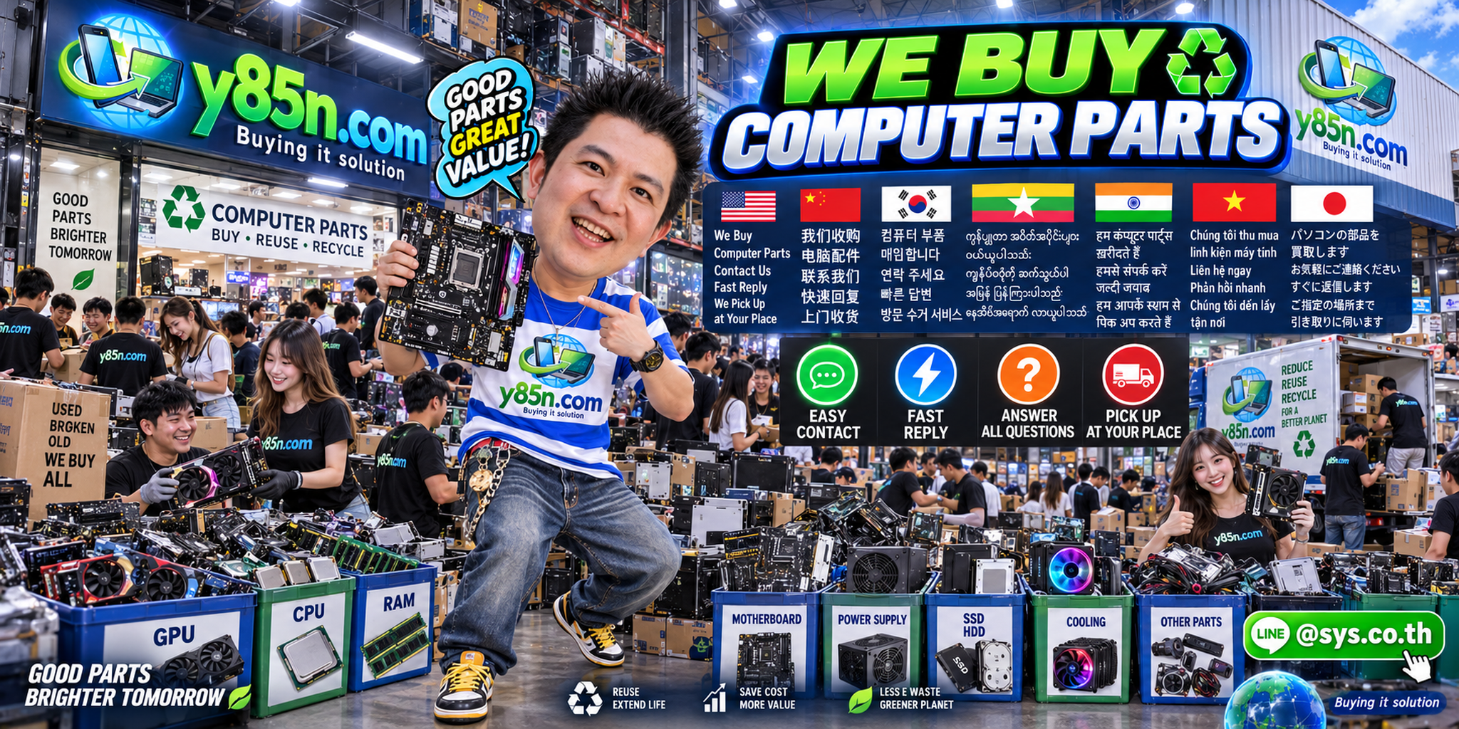Y85N.com computer parts buying service contact banner with LINE at sys.co.th