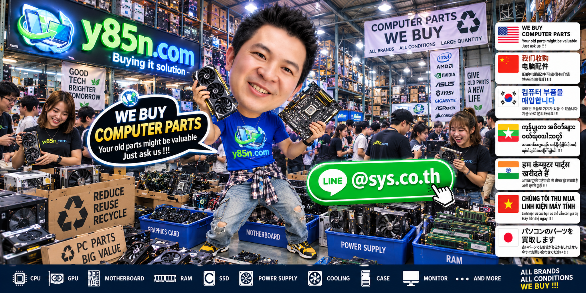 Busy Y85N.com warehouse buying used computer parts in Thailand