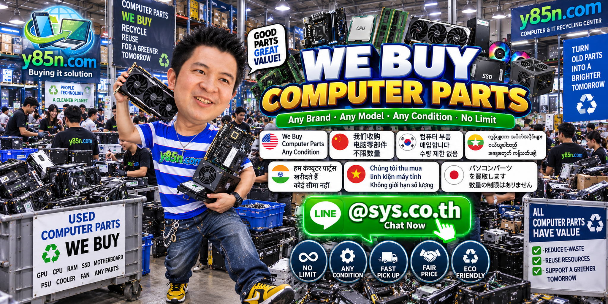 Y85N.com team and customers at a busy computer parts buying warehouse in Thailand