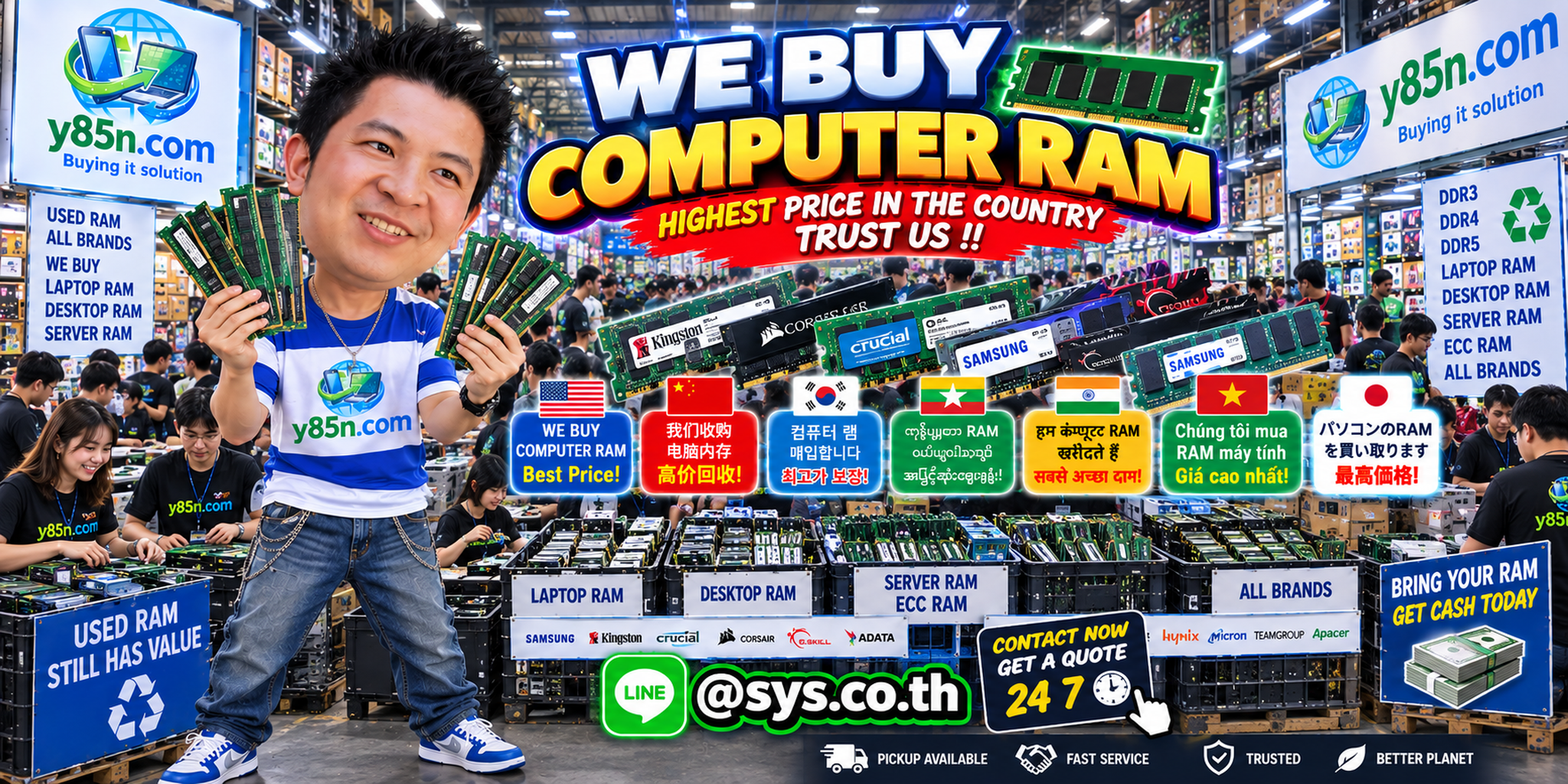 Y85N.com warehouse buying used computer RAM with international seller messaging
