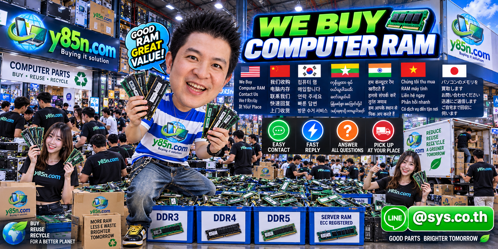 Y85N.com computer RAM buying contact banner with LINE at sys.co.th
