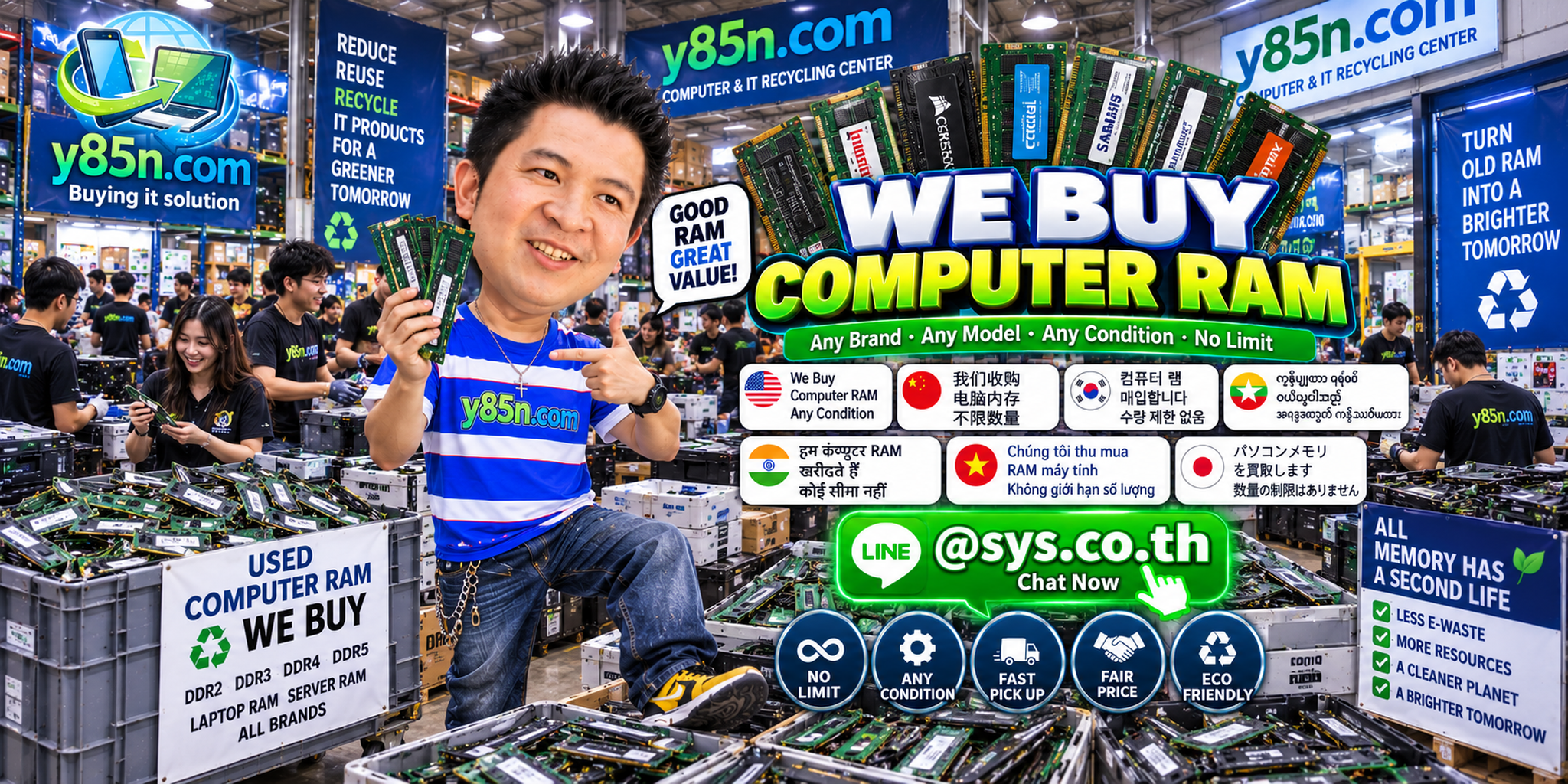 Y85N.com team buying computer RAM in a busy technology warehouse