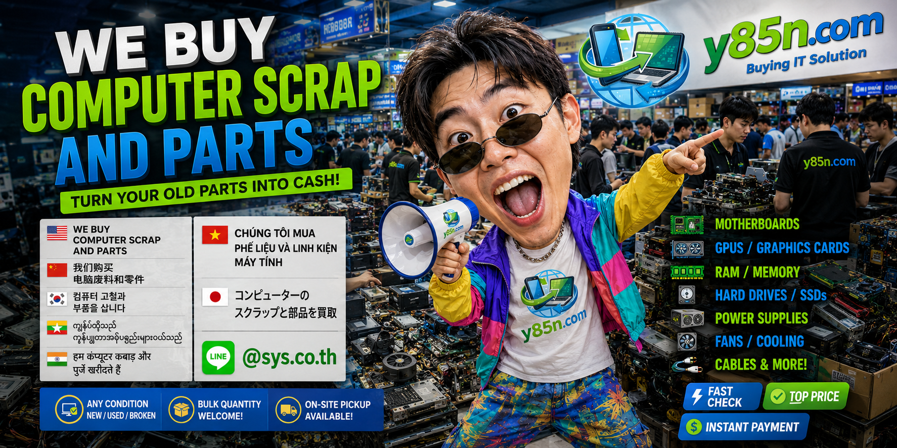 Y85N.com warehouse buying used computer scrap and parts from international sellers in Thailand