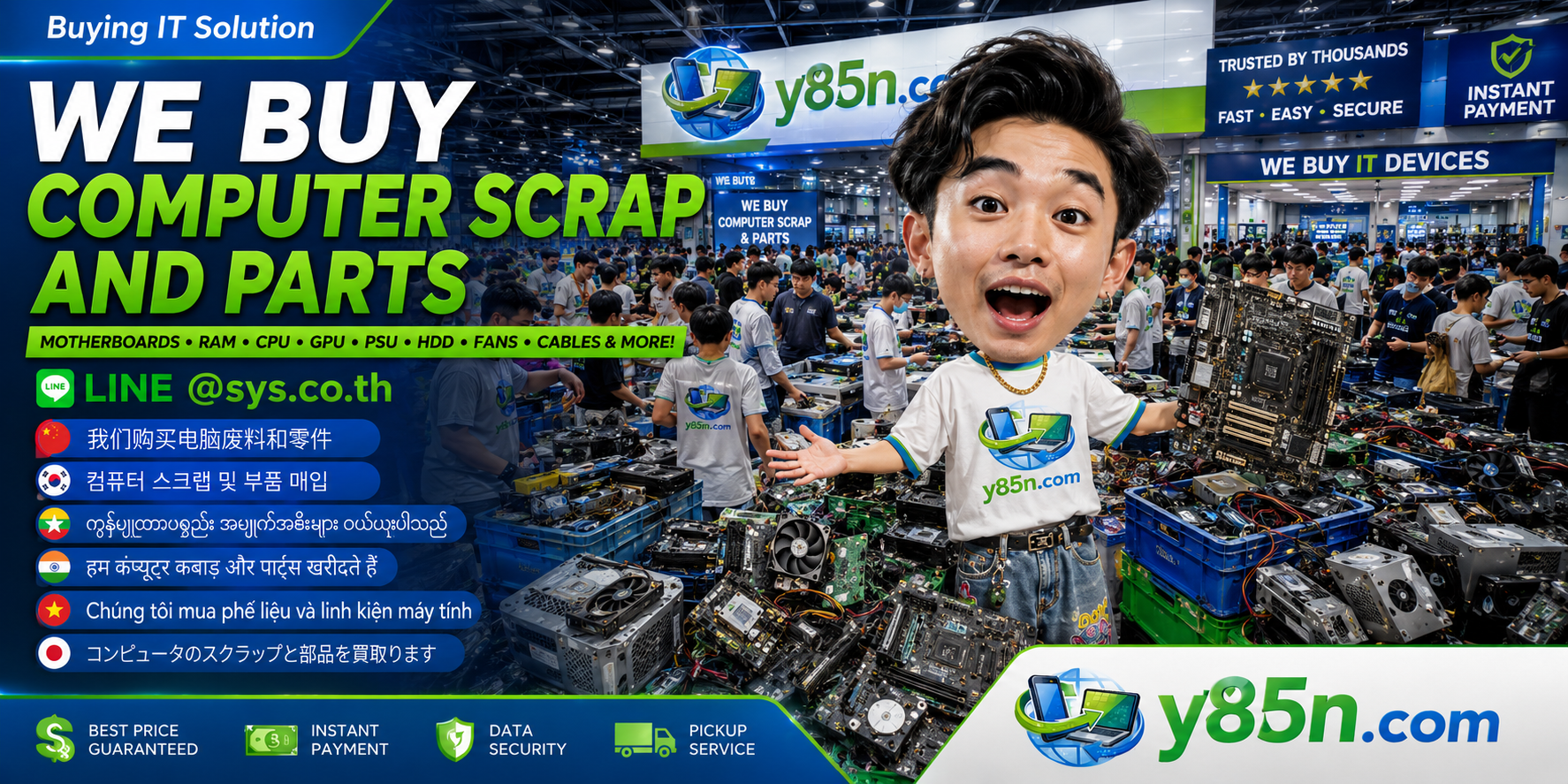 Y85N.com computer scrap and parts buying contact banner with LINE at sys.co.th