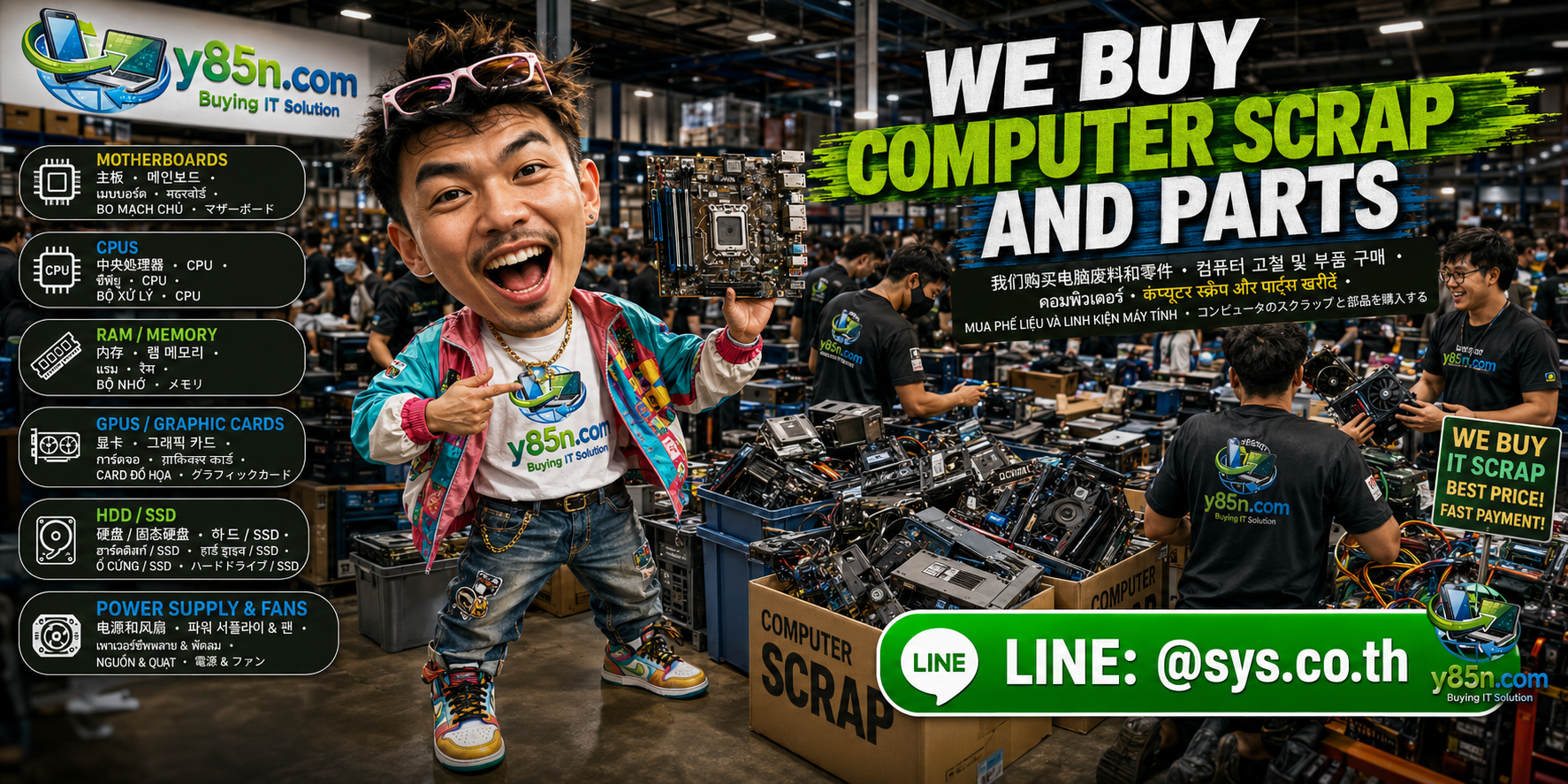 Y85N.com busy warehouse buying computer scrap and parts across Thailand