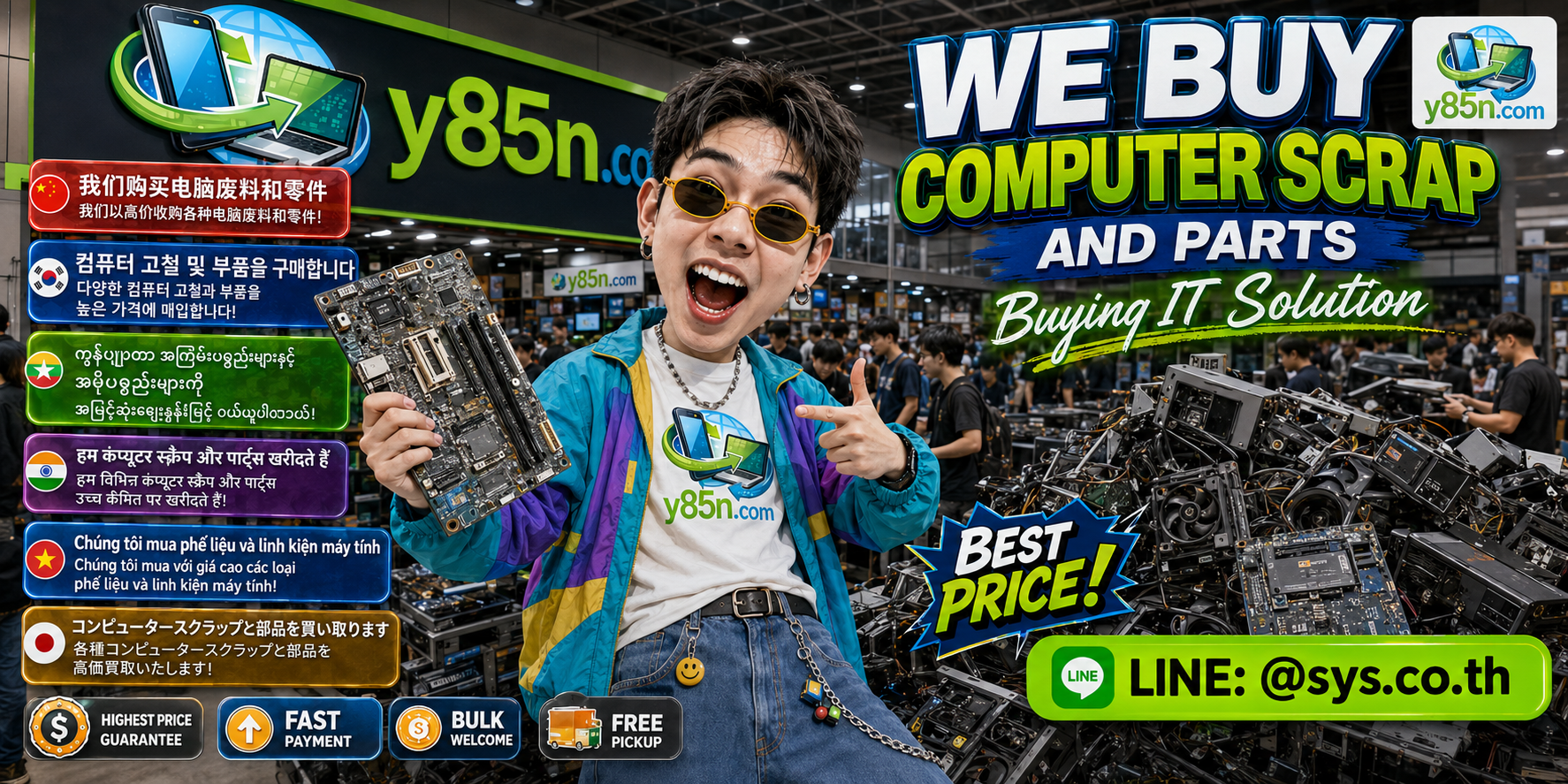 Y85N.com computer scrap and parts warehouse with customers and mixed computer components