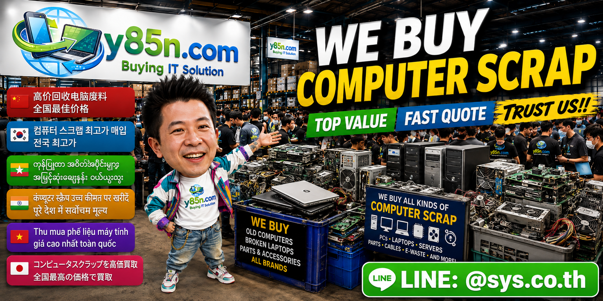 Busy Y85N.com warehouse buying computer scrap, old PCs and reusable IT parts in Thailand