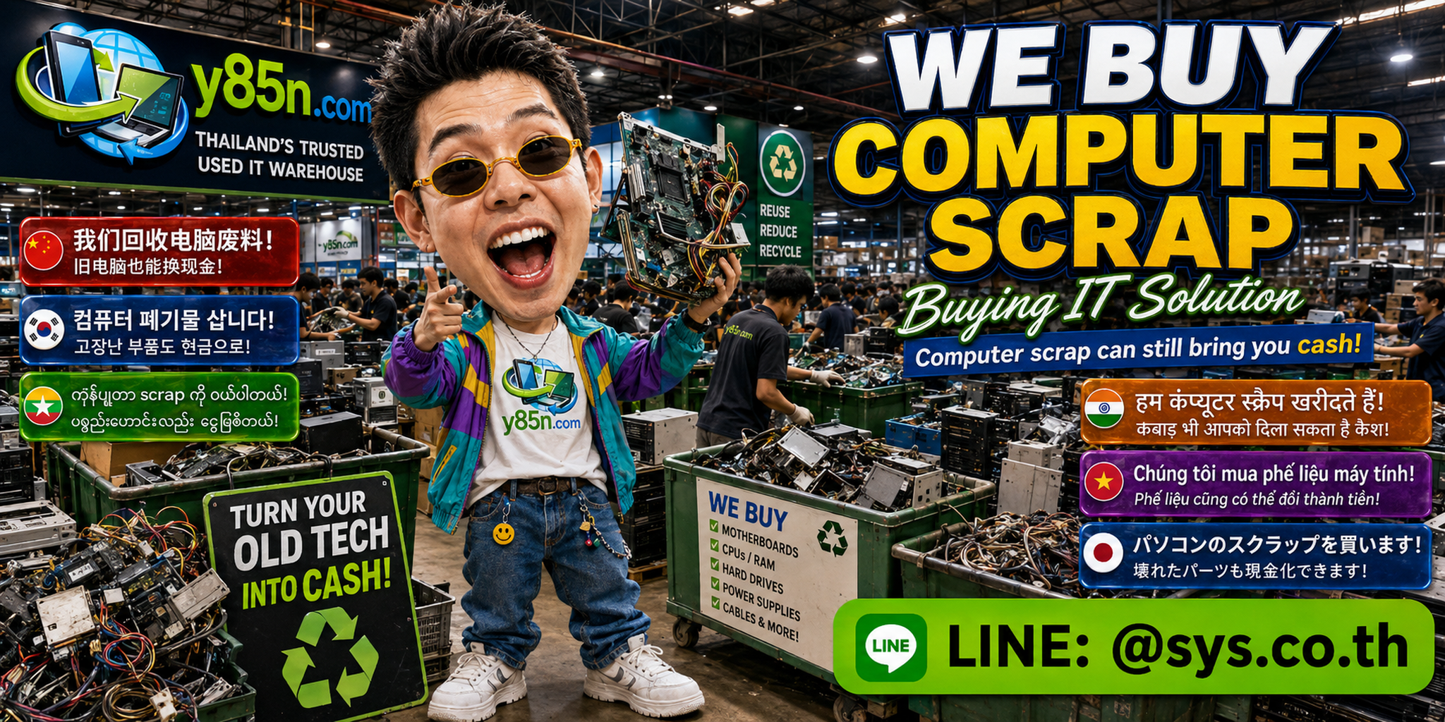 Y85N.com team and customers at a busy computer scrap and used IT warehouse