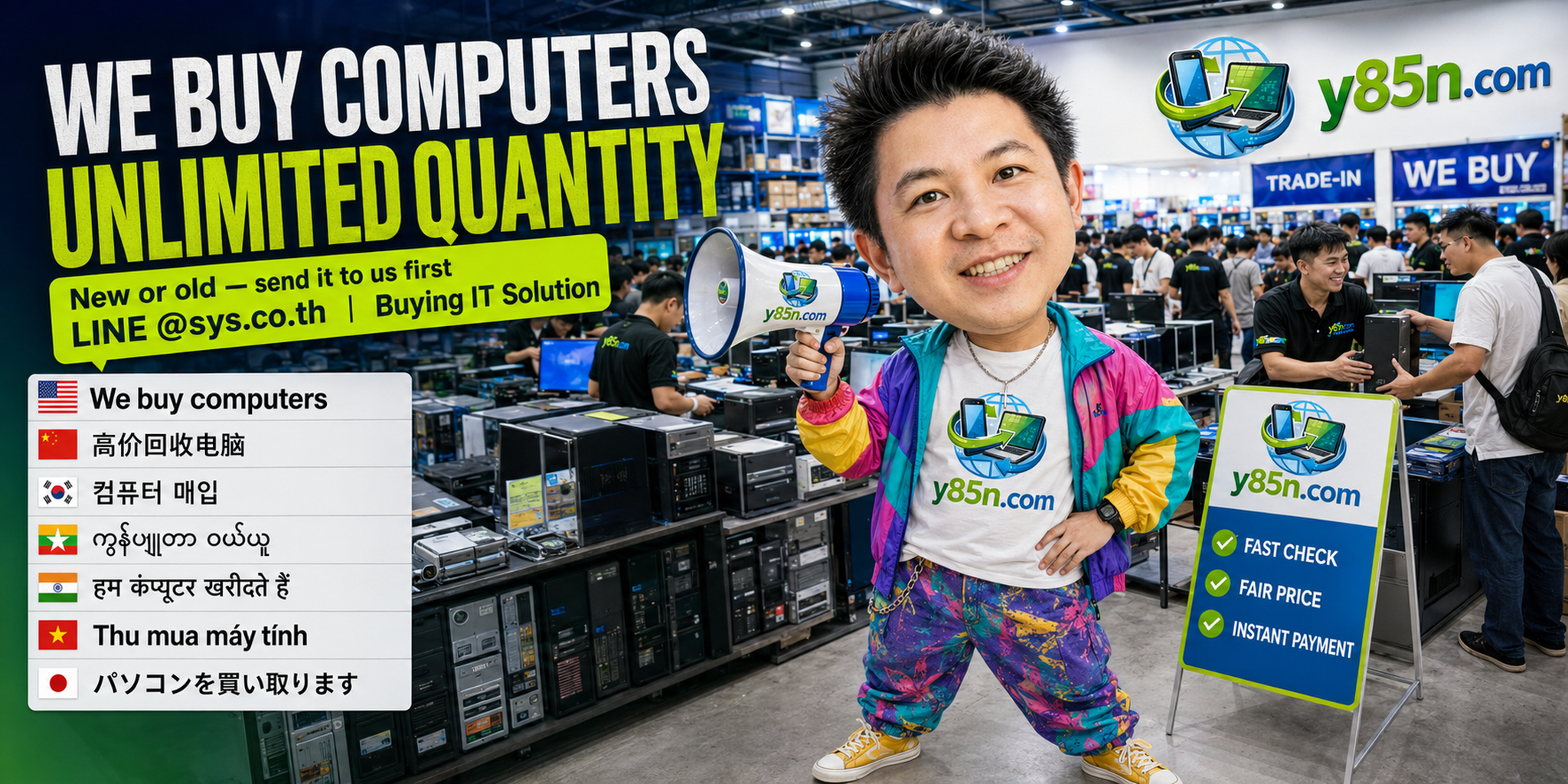 Y85N.com computer buying warehouse with international seller messaging