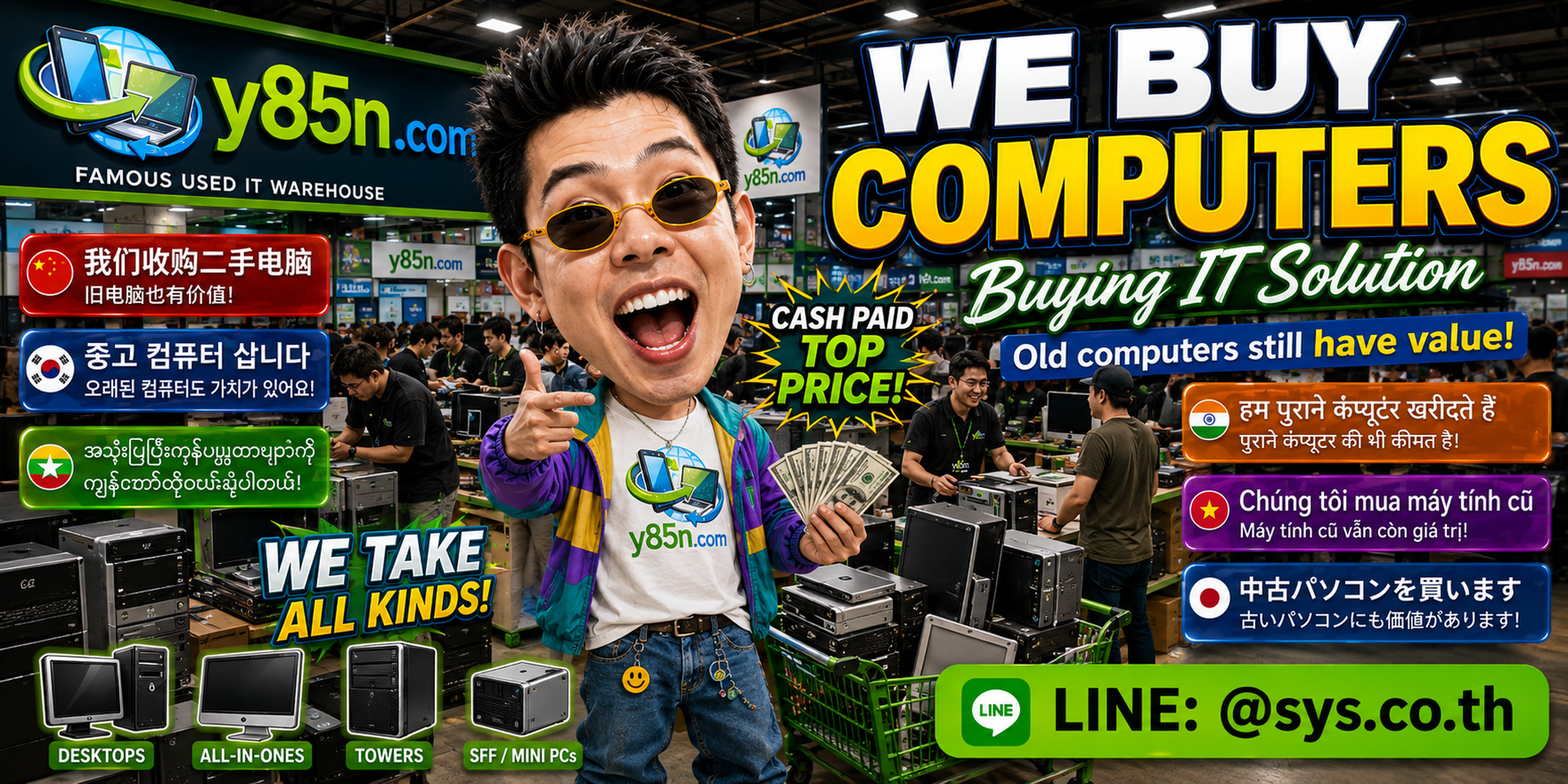 Y85N.com computer buying warehouse with customers and computer inventory