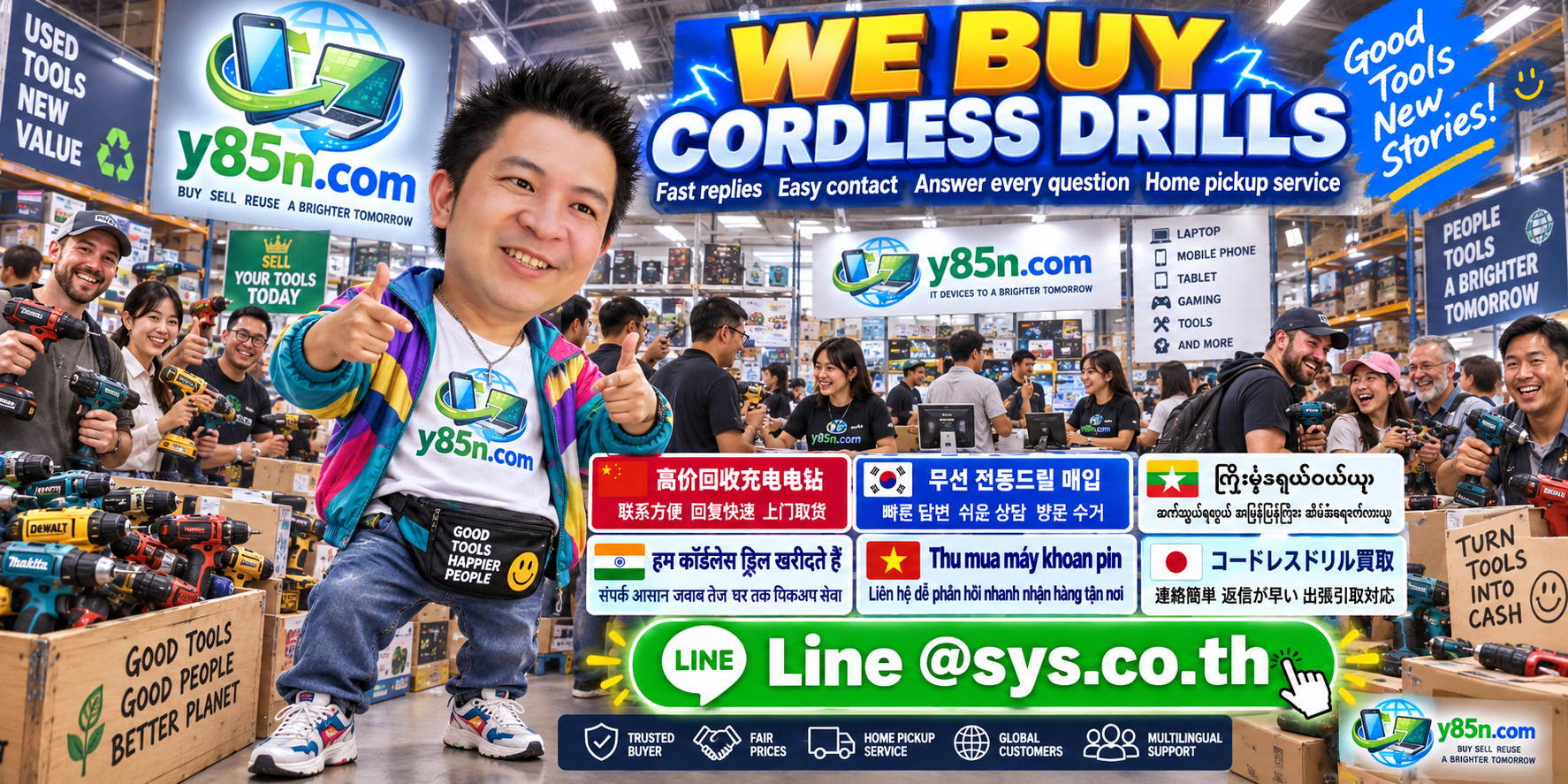 Y85N.com cordless drill buying service contact banner with LINE at sys.co.th