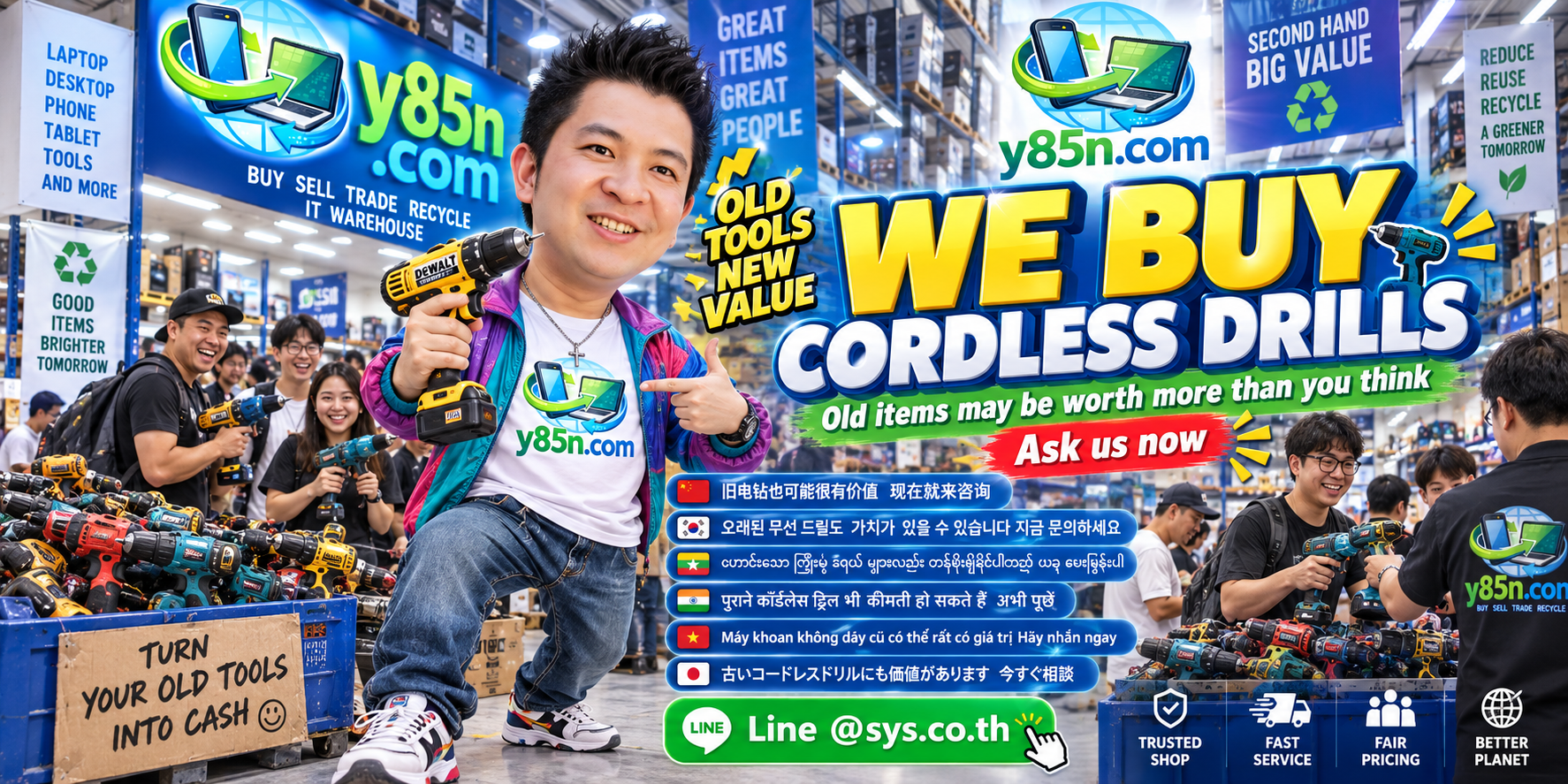 Busy Y85N.com warehouse showing a professional cordless drill buying service in Thailand