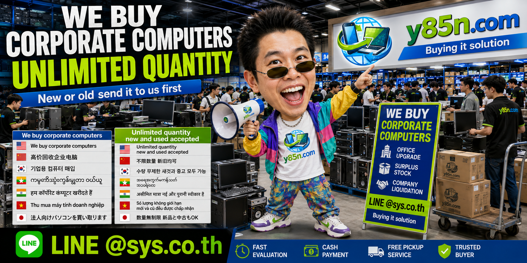 Y85N.com warehouse buying used, old and bulk corporate computers across Thailand