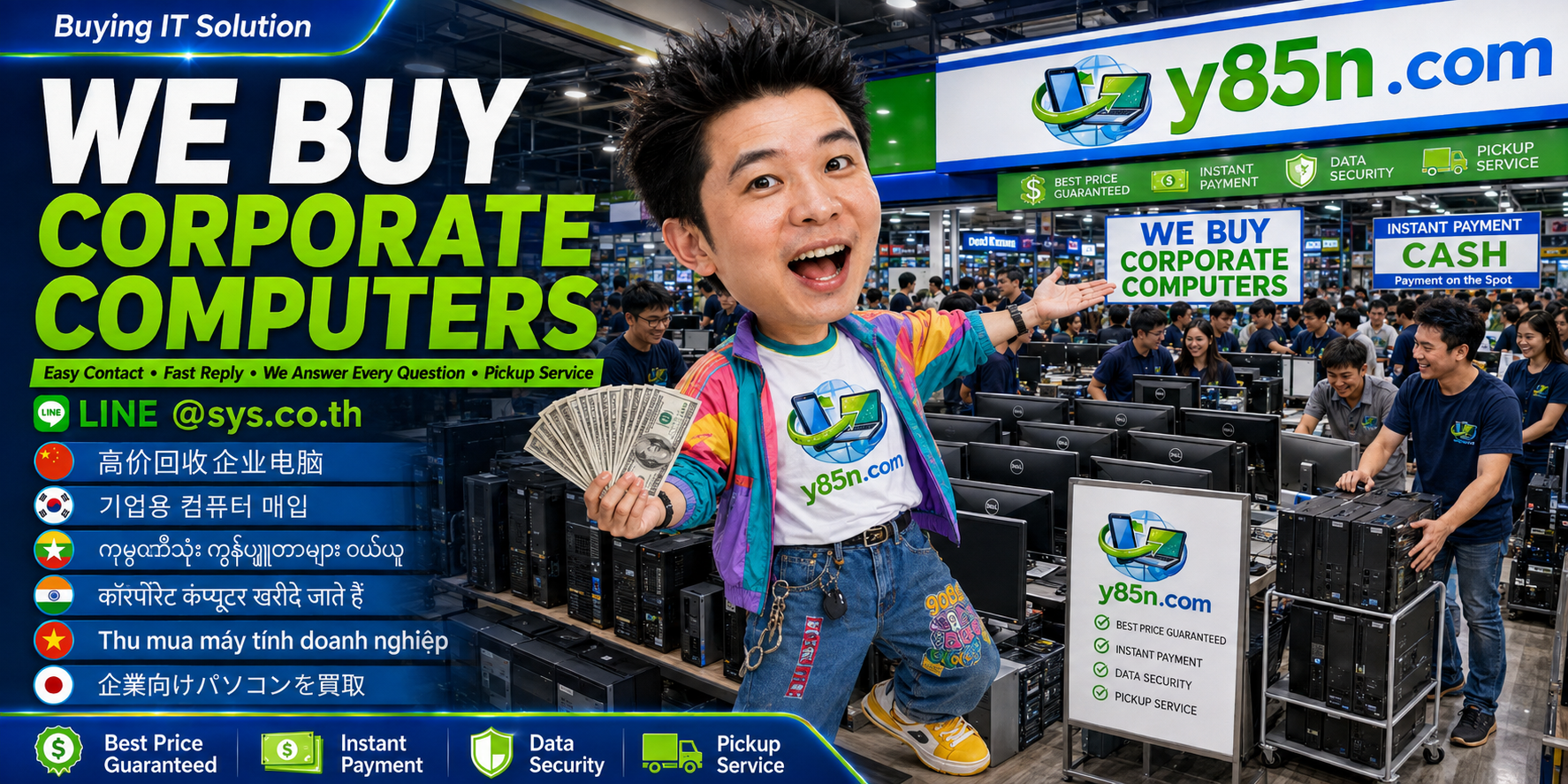 Y85N.com corporate computer buying contact banner with LINE at sys.co.th