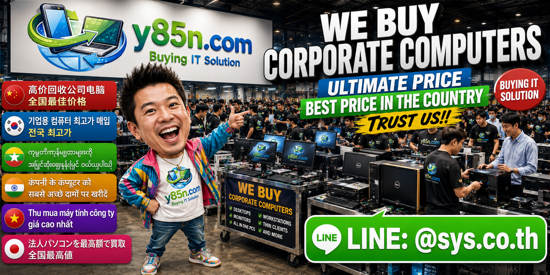 Busy Y85N.com warehouse buying used and bulk corporate computers in Thailand
