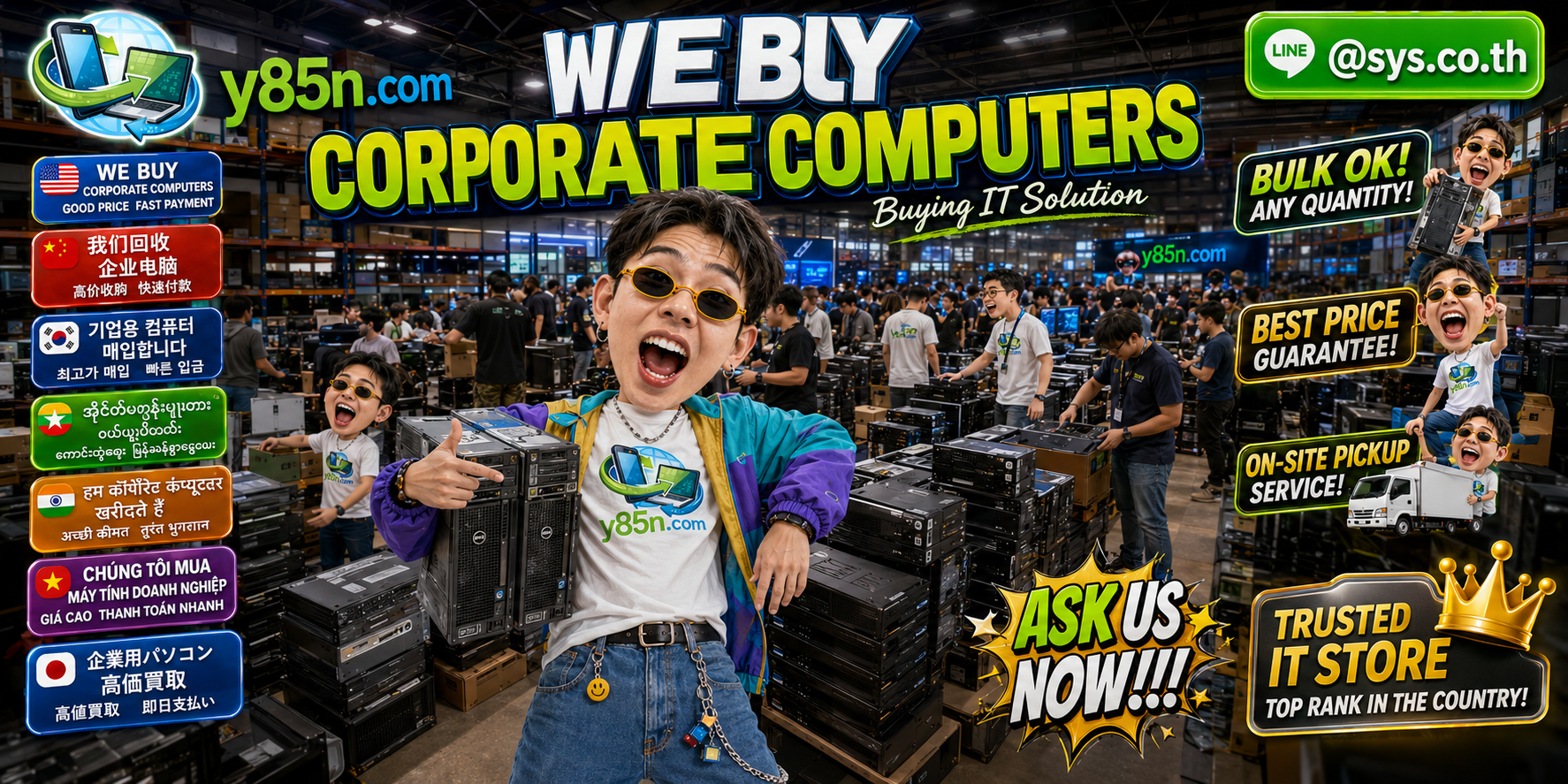 Y85N.com warehouse team evaluating and buying corporate computer fleets in Thailand