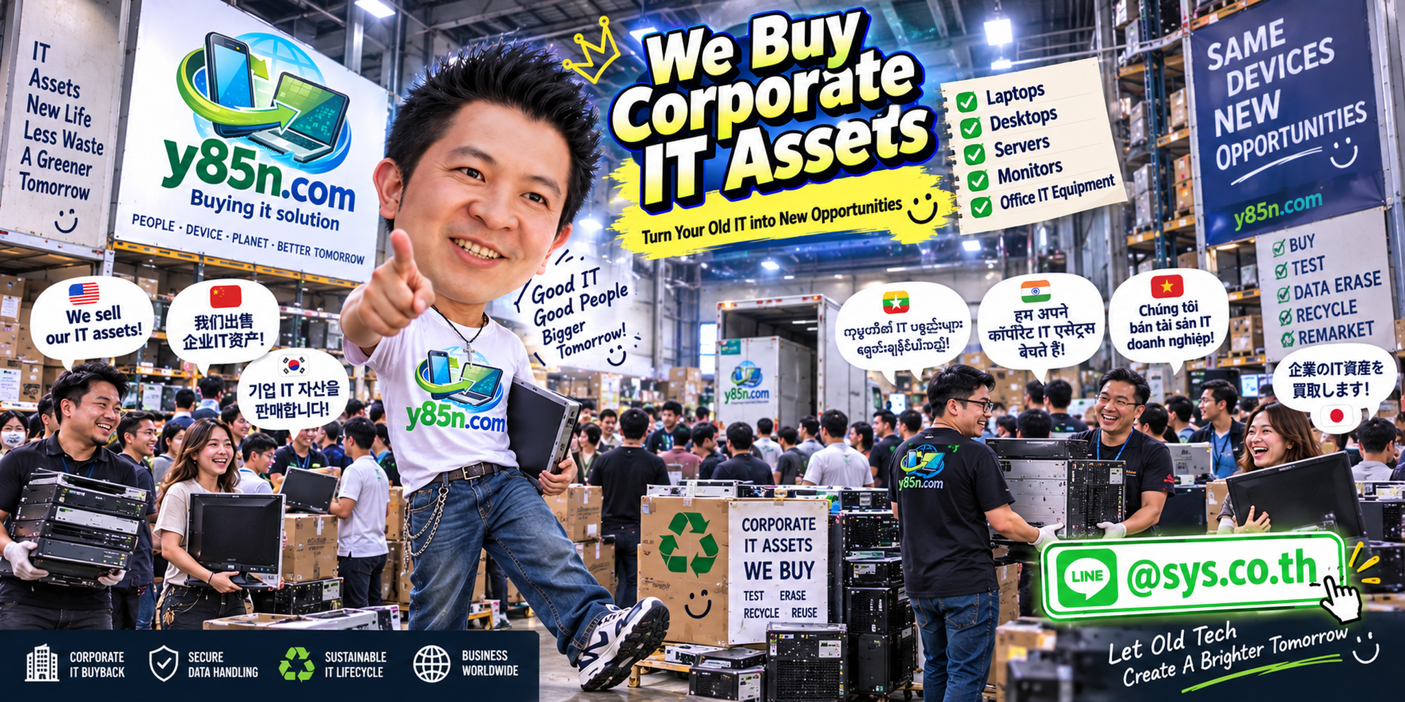Busy Y85N.com warehouse for corporate IT asset purchasing and business technology recovery in Thailand